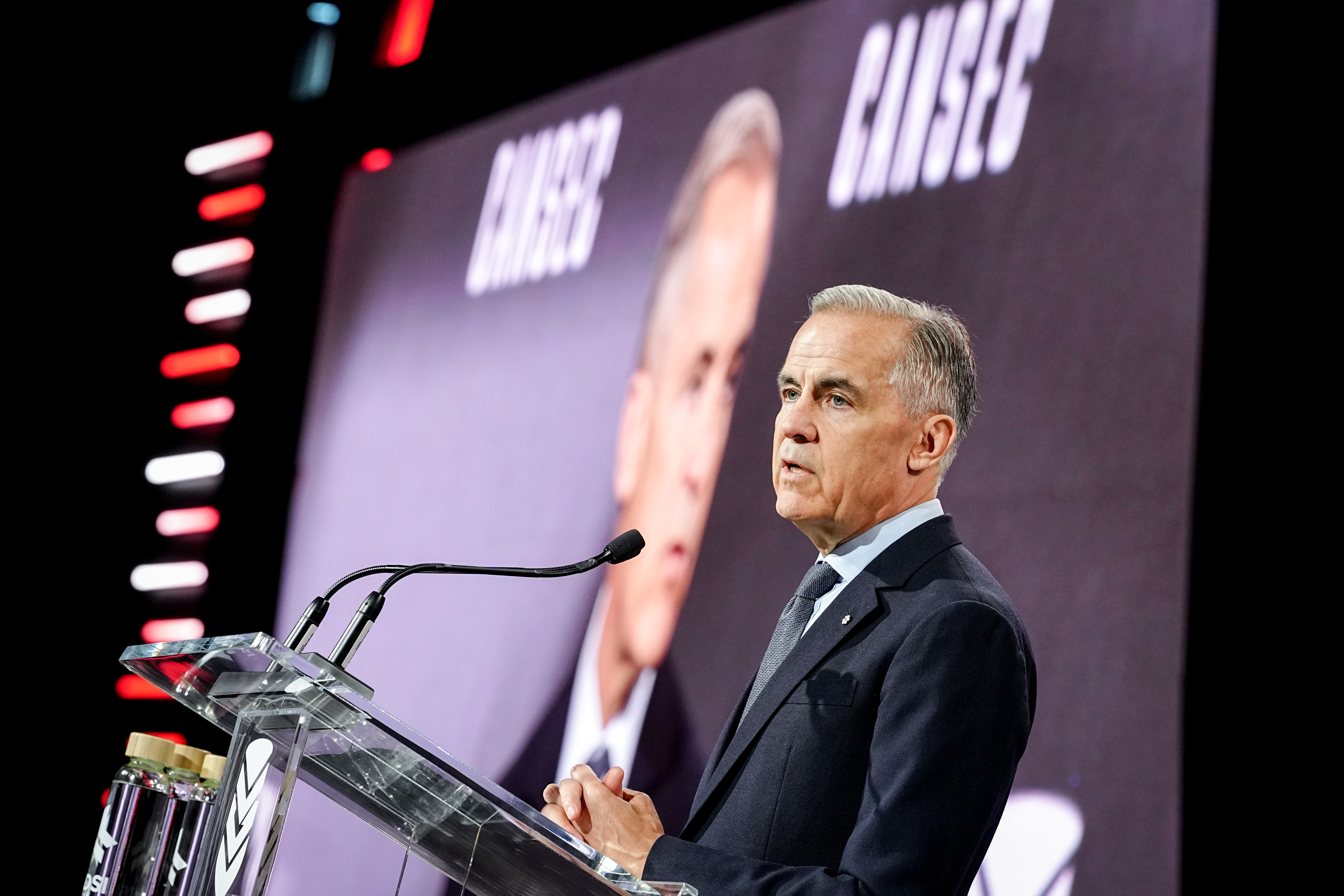 Canadian Prime Minister Mark Carney  speaks at the Cansec arms fair in Ottawa on May 27, 2026. (Kay Nietfeld/picture alliance via Getty Images)