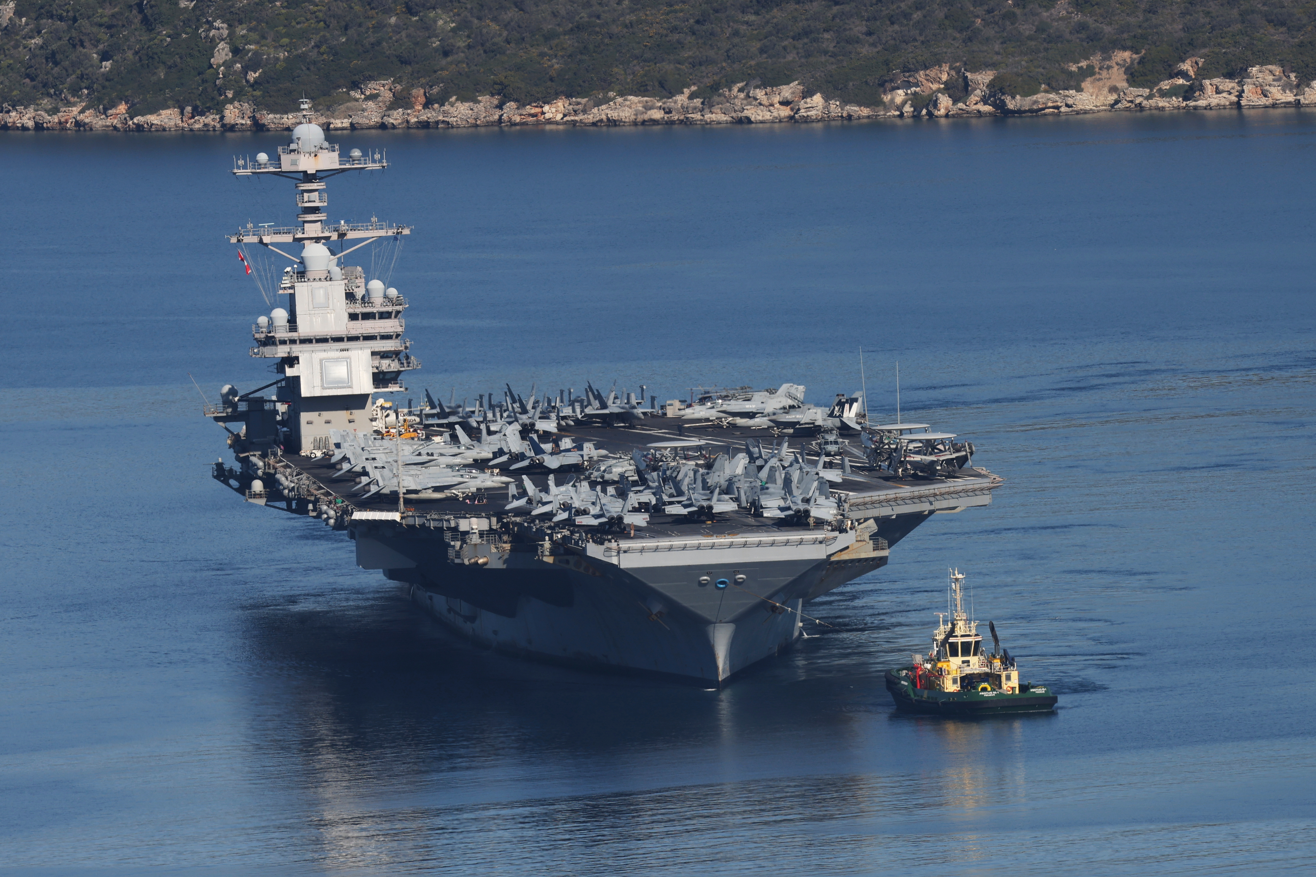 The USS Gerald R. Ford departs from Souda Naval Base in Crete, Greece, Feb. 26, 2026. (Giannis Angelakis/AP)