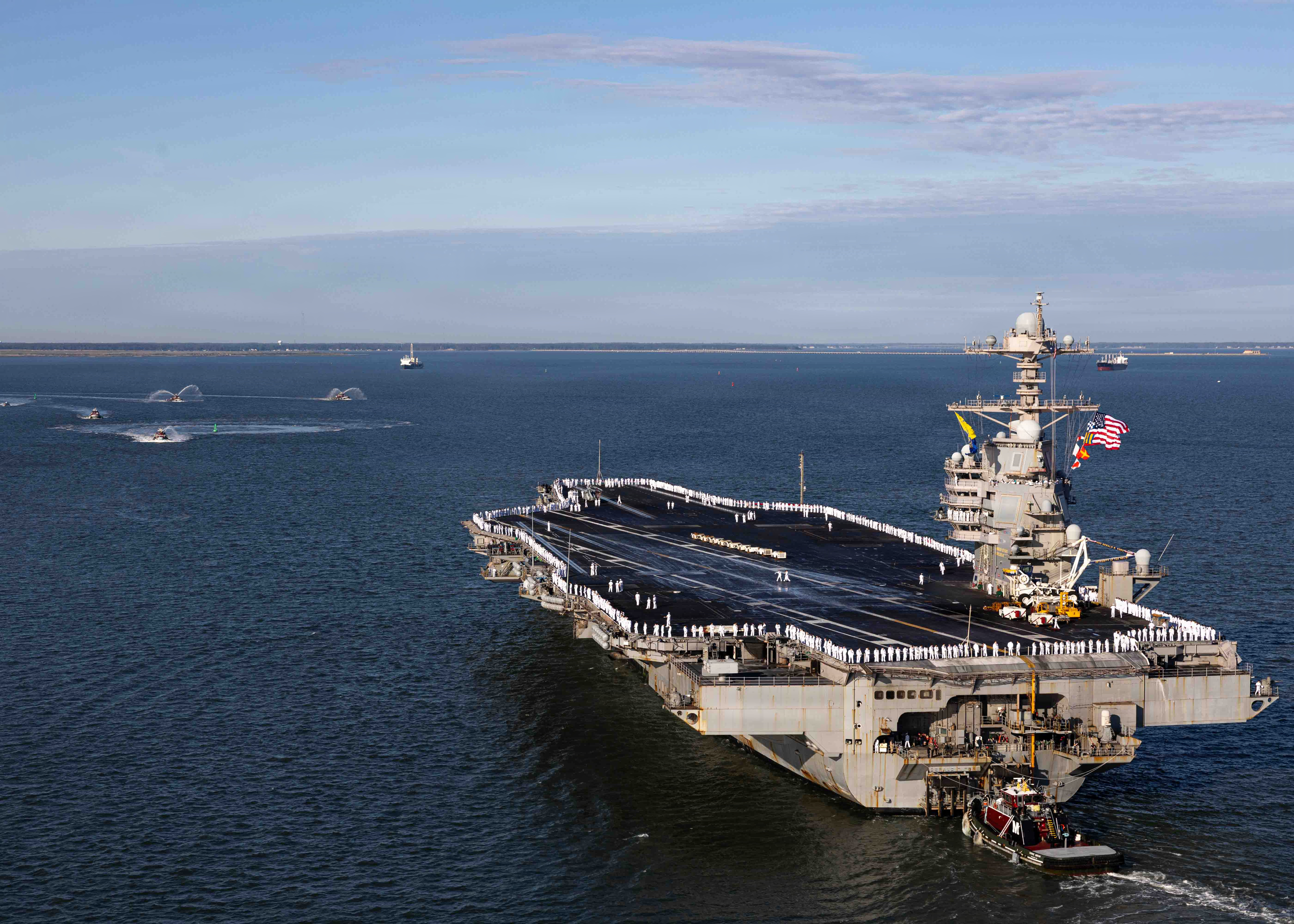 The USS Gerald R. Ford returned to Naval Station Norfolk on May 16, 2026 after completing the longest post-Vietnam deployment for a carrier.  (MCS2 Mike Shen/U.S. Navy)