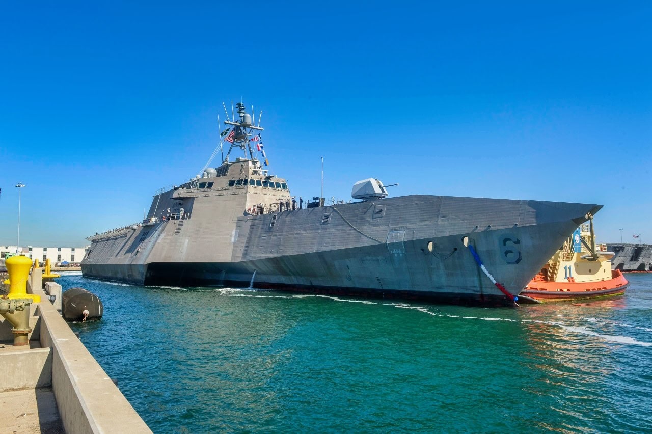 NAVAL BASE SAN DIEGO -- The Independence-variant littoral combat ship USS Jackson (LCS 6) returns to its San Diego homeport, Oct. 6, 2023. Littoral Combat Ships are fast, optimally-manned, mission-tailored surface combatants that operate in near-shore and open-ocean environments, winning against 21st-century coastal threats. (U.S. Navy photo by Mass Communication Specialist 1st Class Vance Hand)