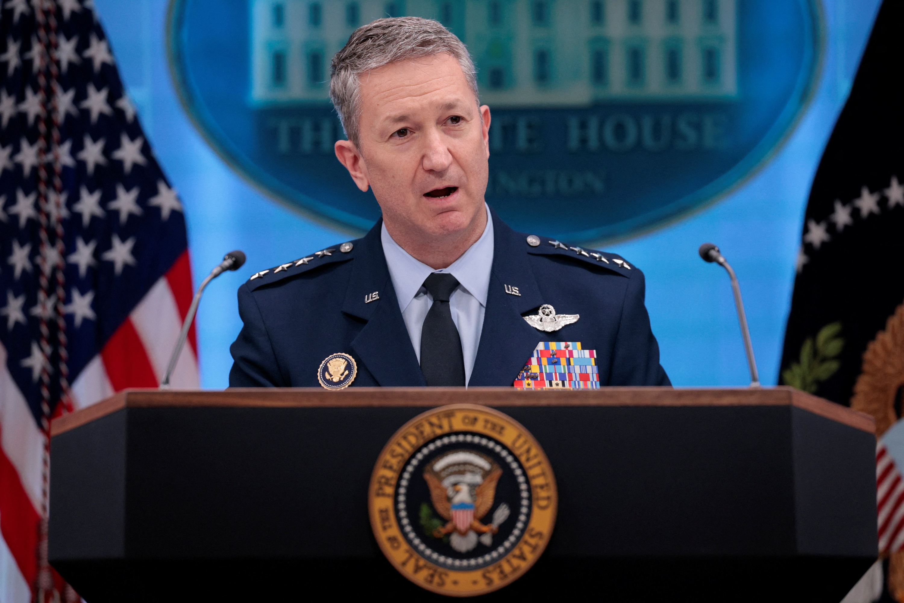 Chairman of the Joint Chiefs of Staff Gen. Dan Caine speaks during a press conference at the White House in Washington on Monday. (Evan Vucci/Reuters)
