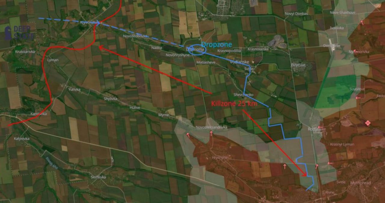 Pokrovsk Hryshyne drone kill zone map in Ukraine war
