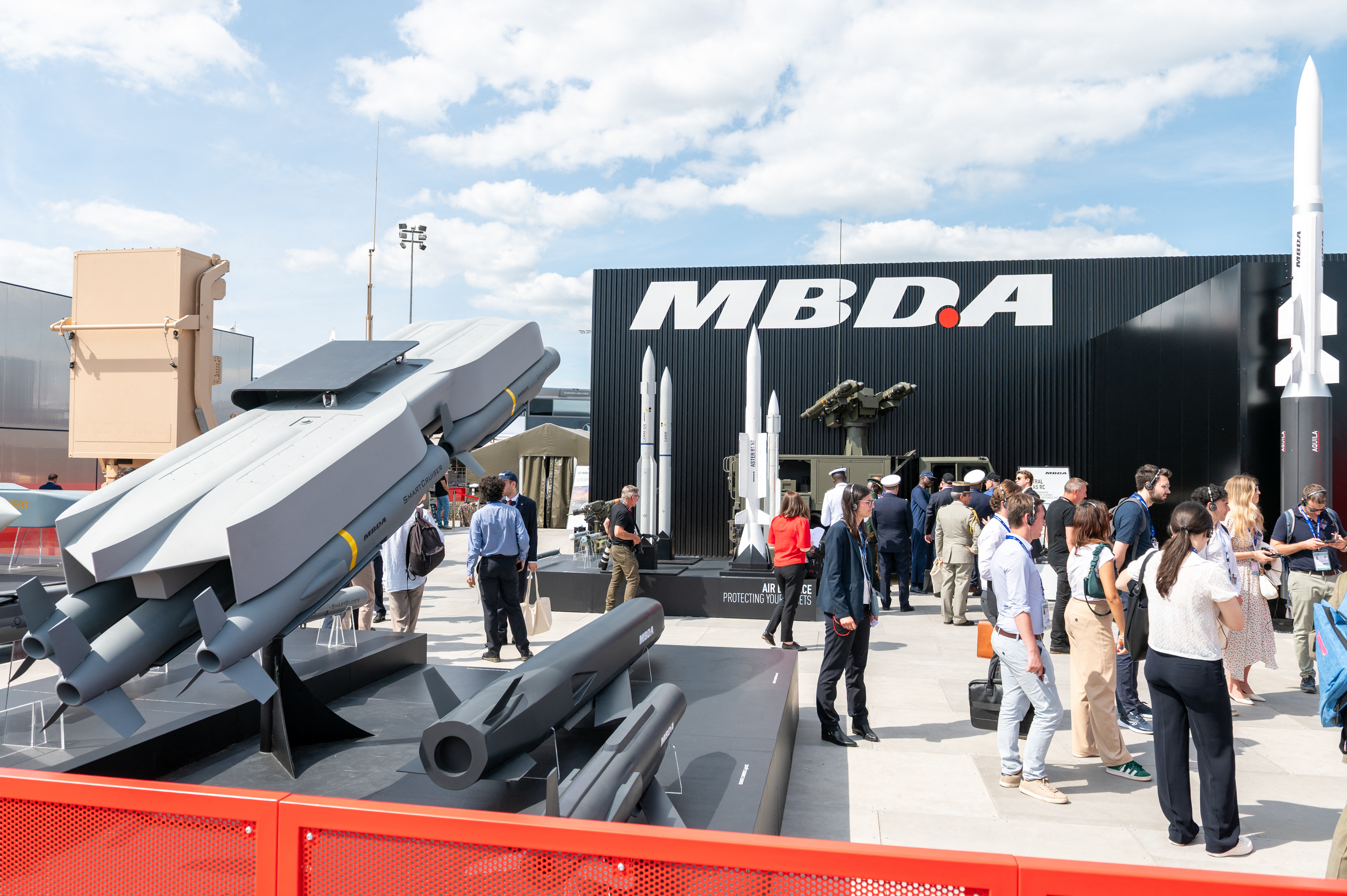 Visitors gather at the stand of MBDA during the Paris Air Show in Paris on June 16, 2025. (Stephane Mouchmouche/Hans Lucas/AFP via Getty Images)