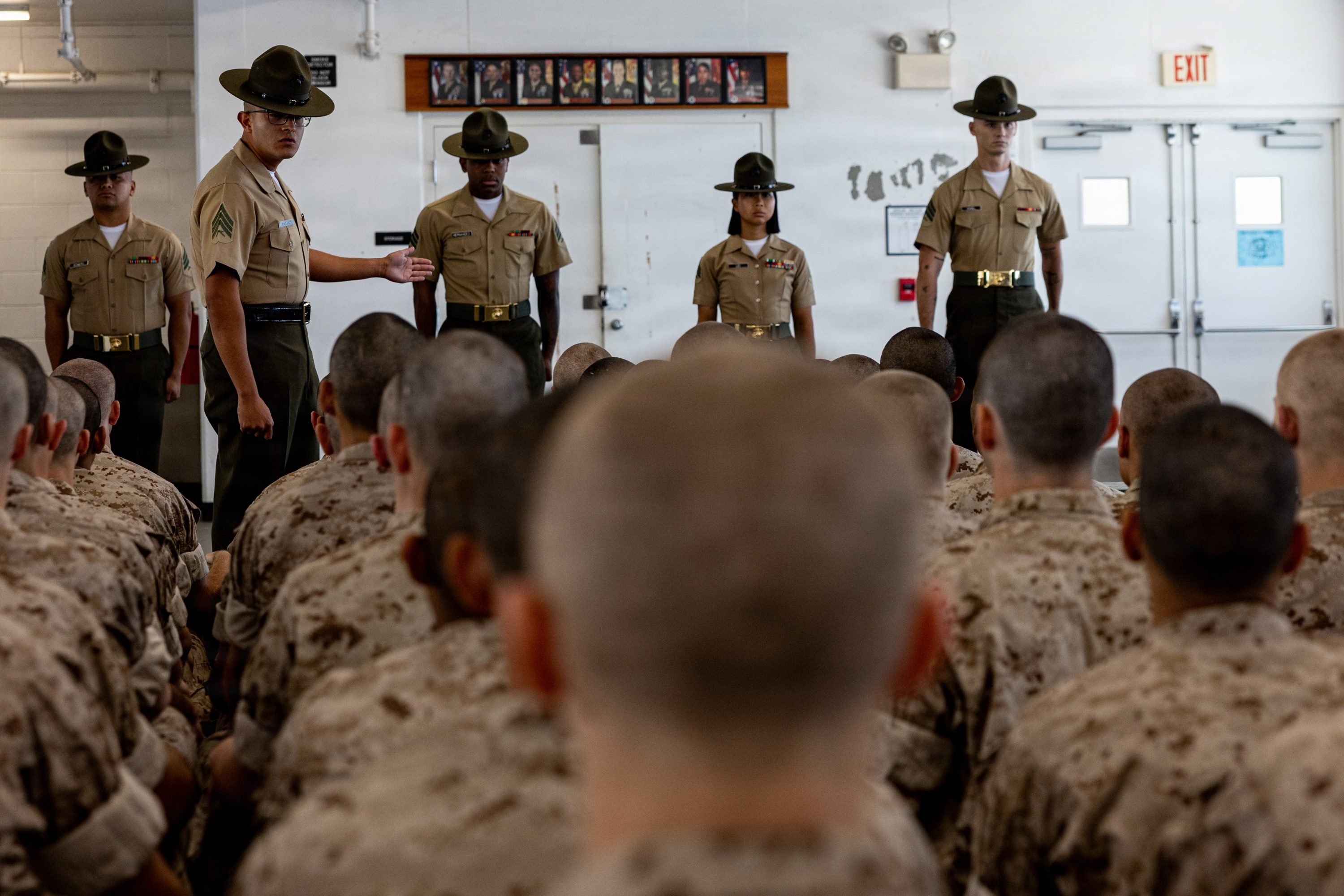 U.S. Marine Corps Sgt. Juan Pacheco, a senior drill instructor with Mike Company, 3rd Recruit Training Battalion, affirms the senior drill instructor speech during Pick-Up Day at Marine Corps Recruit Depot San Diego, California, May 30, 2026. Pick-Up Day signifies the first official day of training in which recruits will meet their drill instructor team for the first time, prepare their gear and squad bays, and expectations are set for the remainder of their time in recruit training. (U.S. Marine Corps photo by Cpl. Evelyn Doherty)