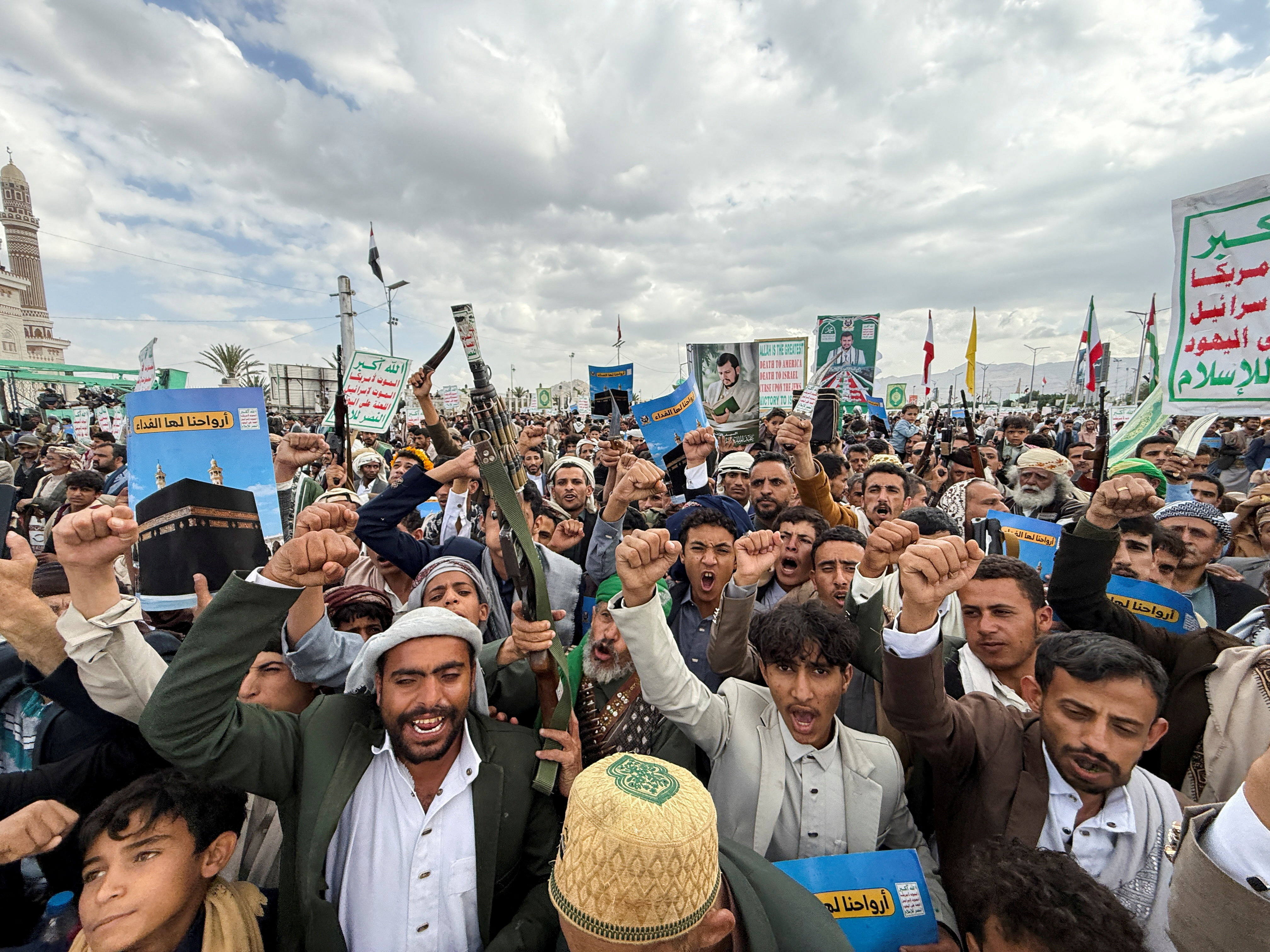 Houthi supporters rally to celebrate advances by Houthi forces along the Red Sea coastline in Sanaa, Yemen, Sept. 18, 2026. (Adel Al Khader/Reuters)