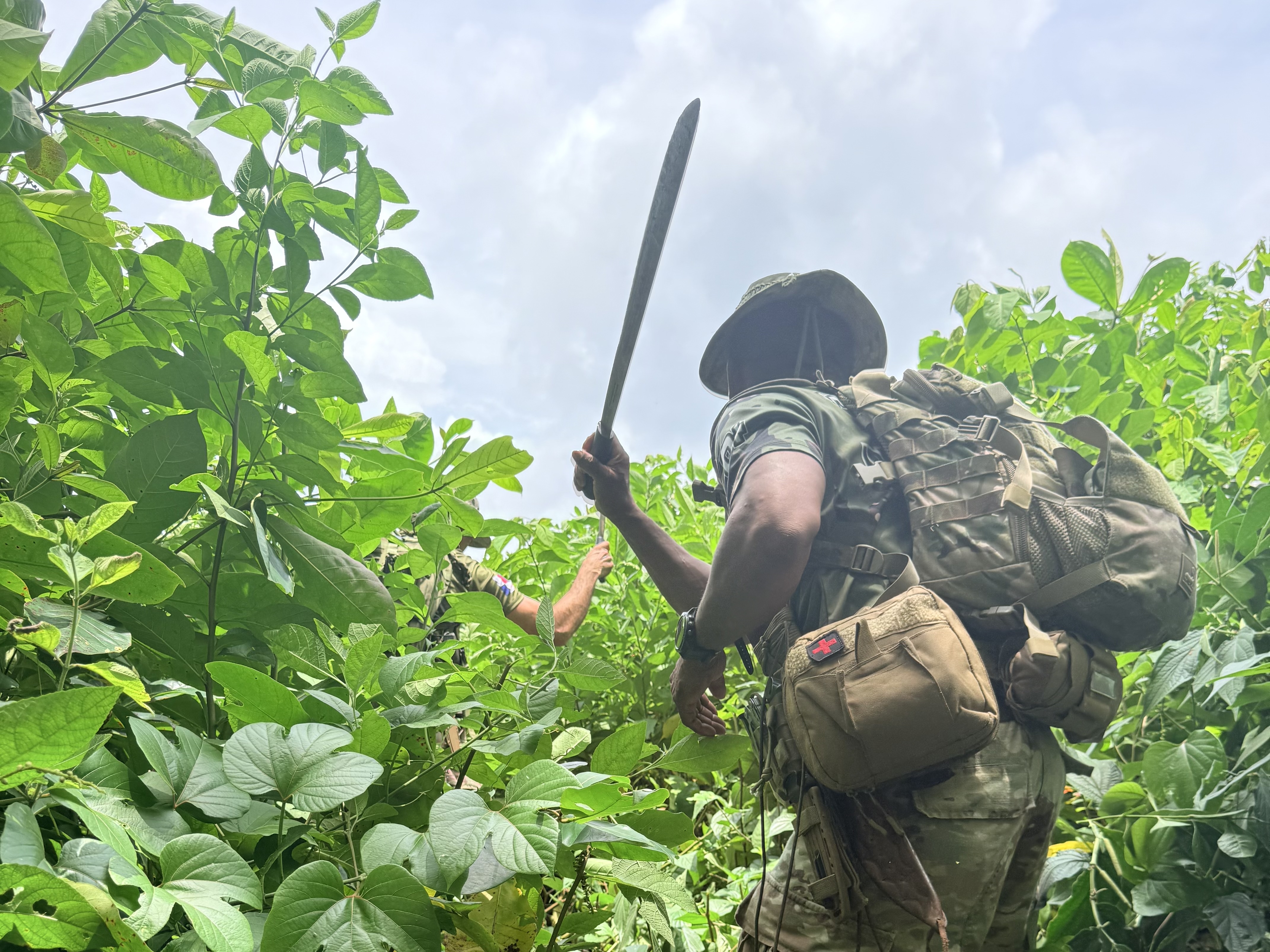 Two Panamanian instructors demonstrate how to clear brush with machetes at the U.S. Army's Jungle Operations Training Course in Panama in September 2026. (Eve Sampson/Staff)