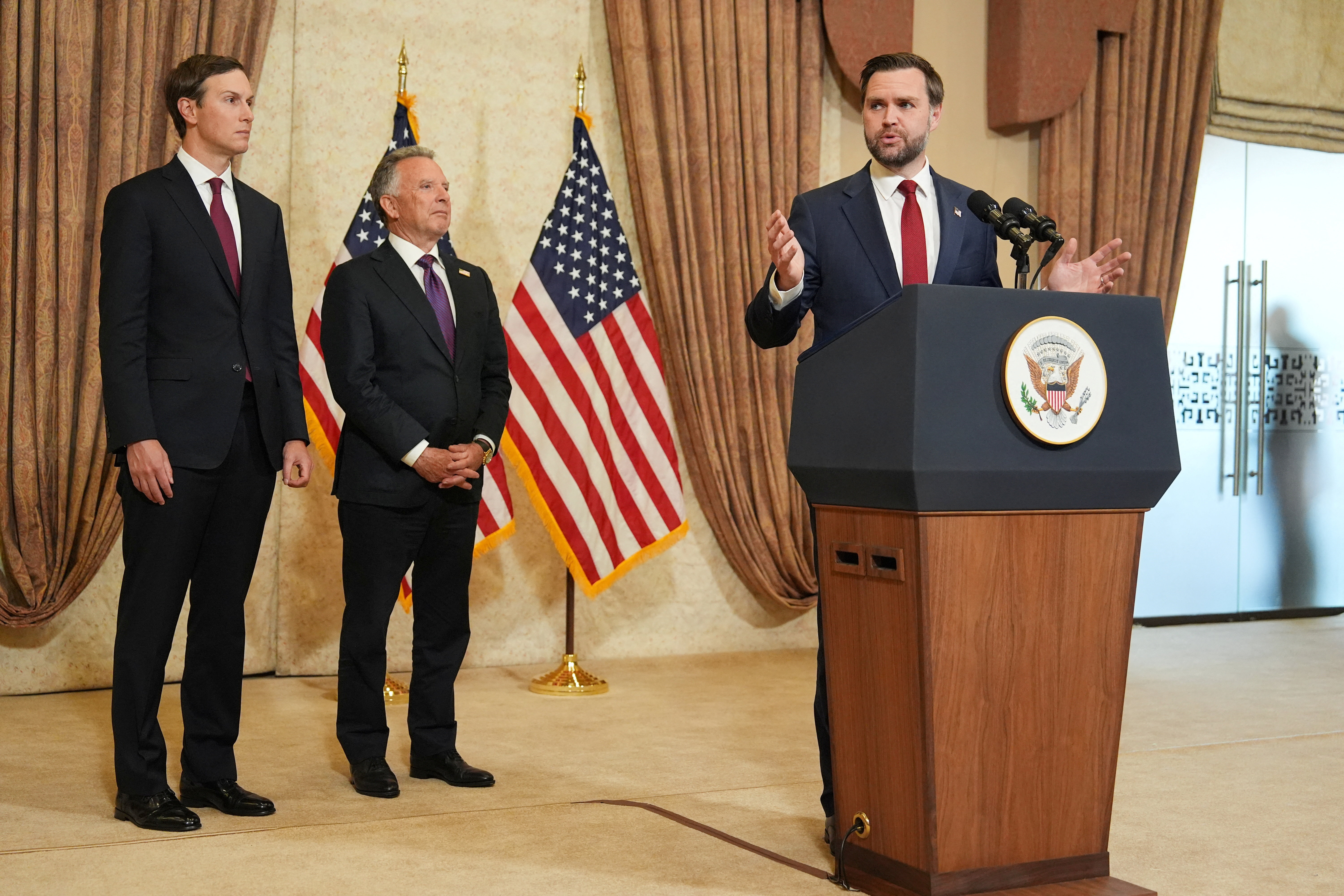 U.S. Vice President JD Vance speaks after meeting with representatives from Pakistan and Iran as Jared Kushner and Steve Witkoff listen, April 12, 2026, Islamabad, Pakistan. (Jacquelyn Martin/Reuters)
