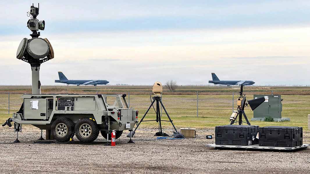 Components of NORTHCOM’s C-UAS Flyaway Kit poised to deploy for air base defence. Two Anvil interceptor launch boxes sit on the right. [Image: US DoW]