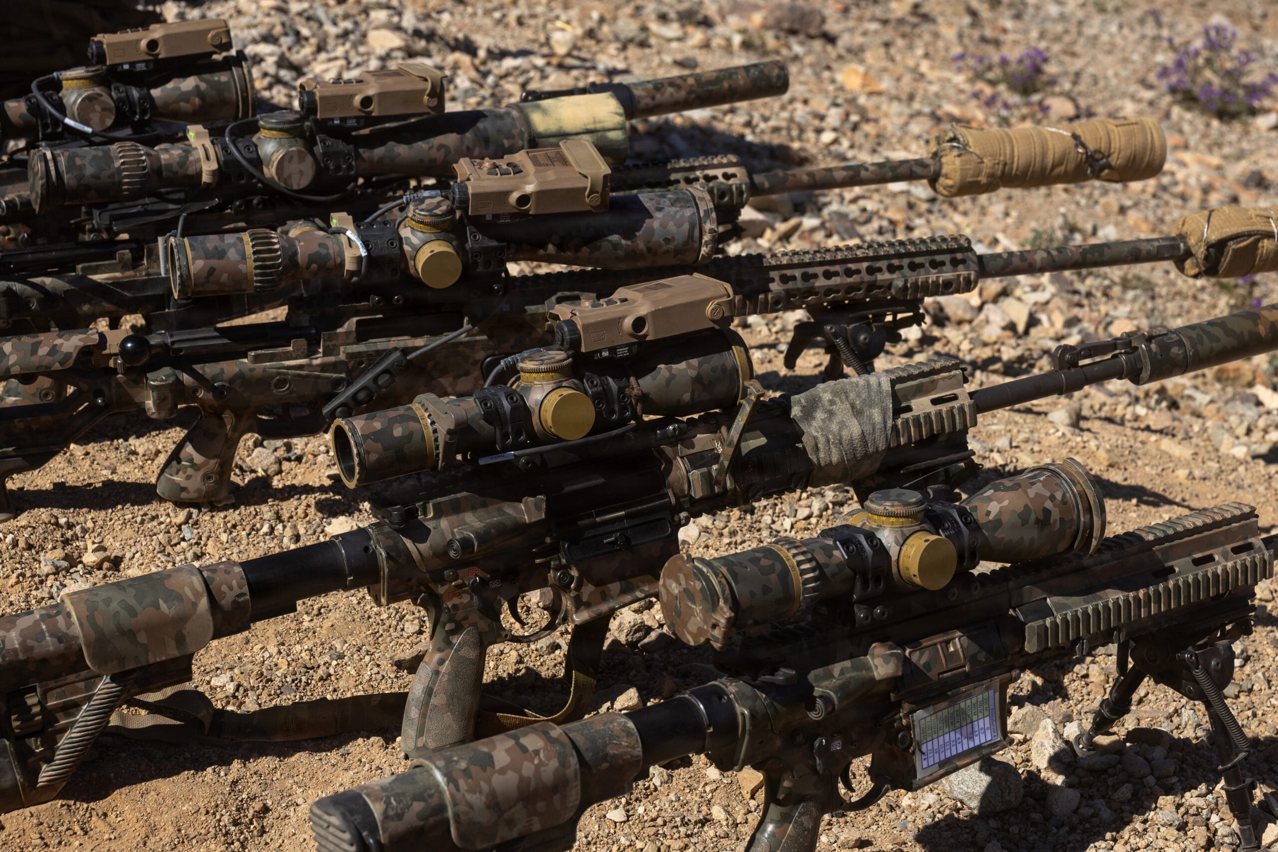 Rifles staged during a foreign training exercise as part of a live-fire exercise at Range 400, Marine Corps Air Ground Combat Center, Twentynine Palms, California, Feb. 13, 2026. The Netherlands Marine Corps visited MCAGCC to promote interoperability, strengthen partnerships and enhance strategic and tactical cooperation between U.S. and Dutch Marines. (U.S. Marine Corps photo by Lance Cpl. Jozef P. Majewski)