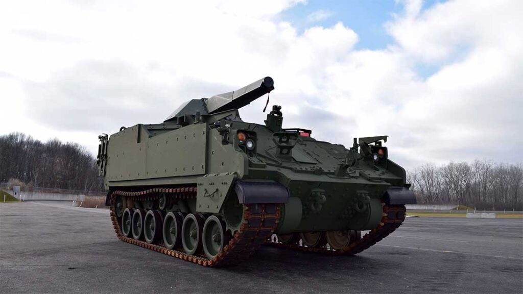 The US Army’s AMPV programme is replacing the army’s fleet of M113s with five variant vehicles. The mortar carrier variant prototype, pictured, is outfitted with the Patria NEMO 120 mm remote turreted mortar system. [BAE Systems]