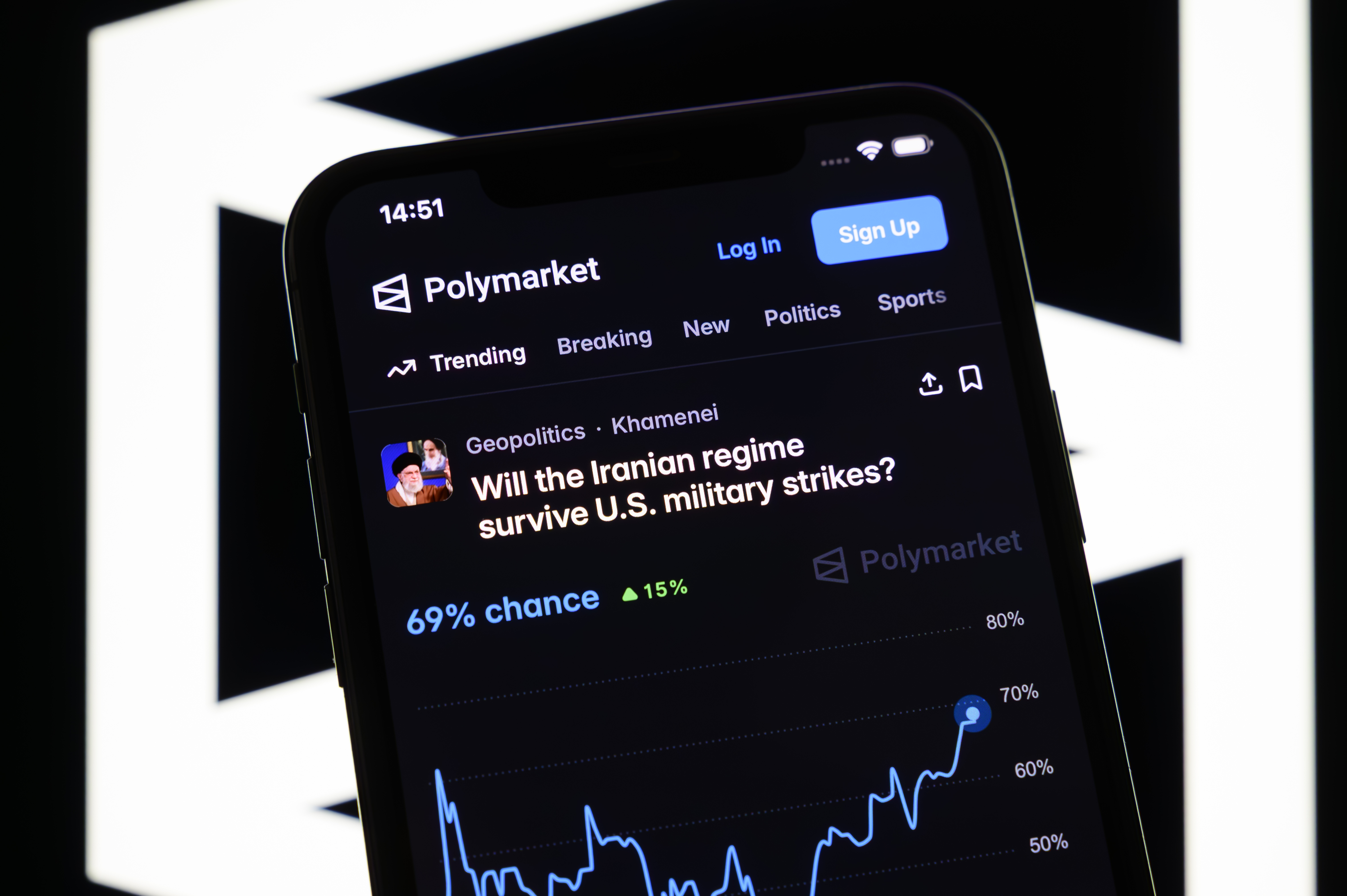 A betting page on the potential fall of the Iranian regime by June 30 appears on the Polymarket platform. (Samuel Boivin/NurPhoto via Getty Images)