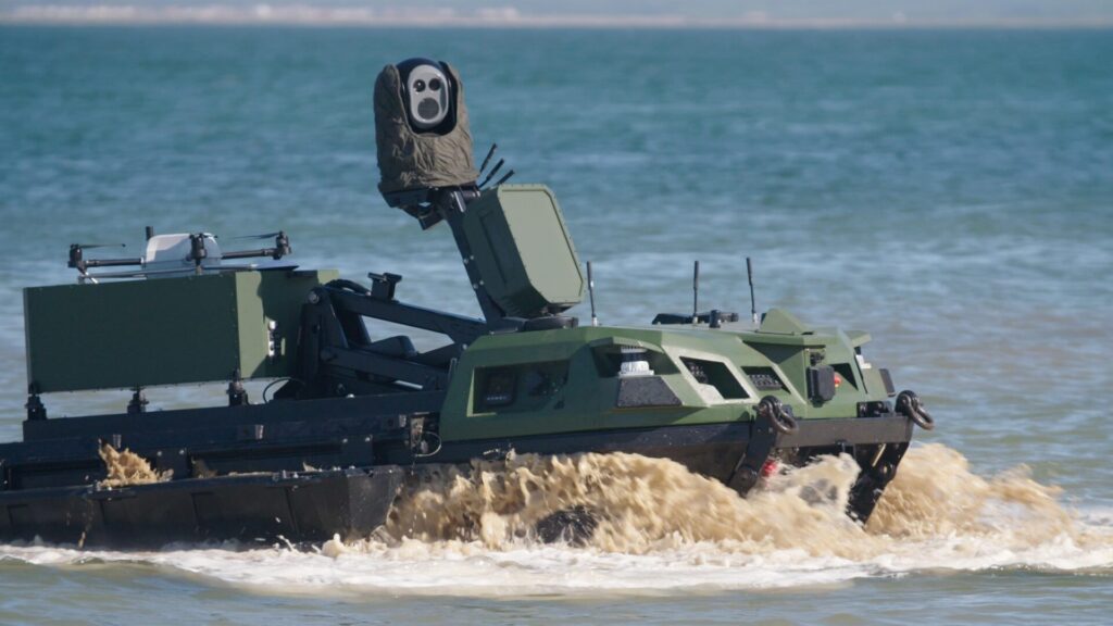 A Mission Master UGV configured for amphibious operations lands on the Portuguese coast during OPEX REPMUS/NATO DYMS in September 2025. [Rheinmetall]