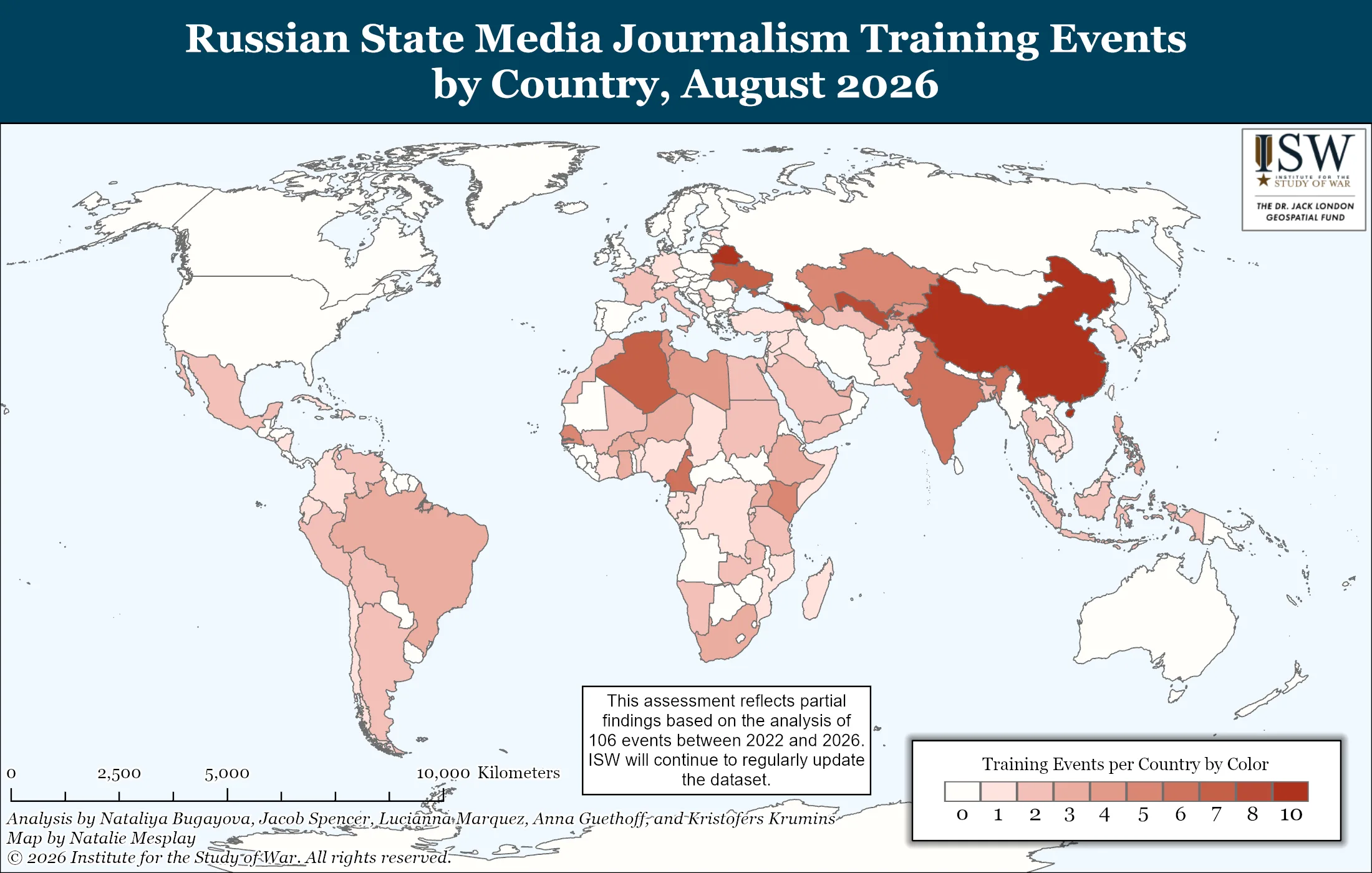 ISW map of Russian state media journalism training events by country August 2026