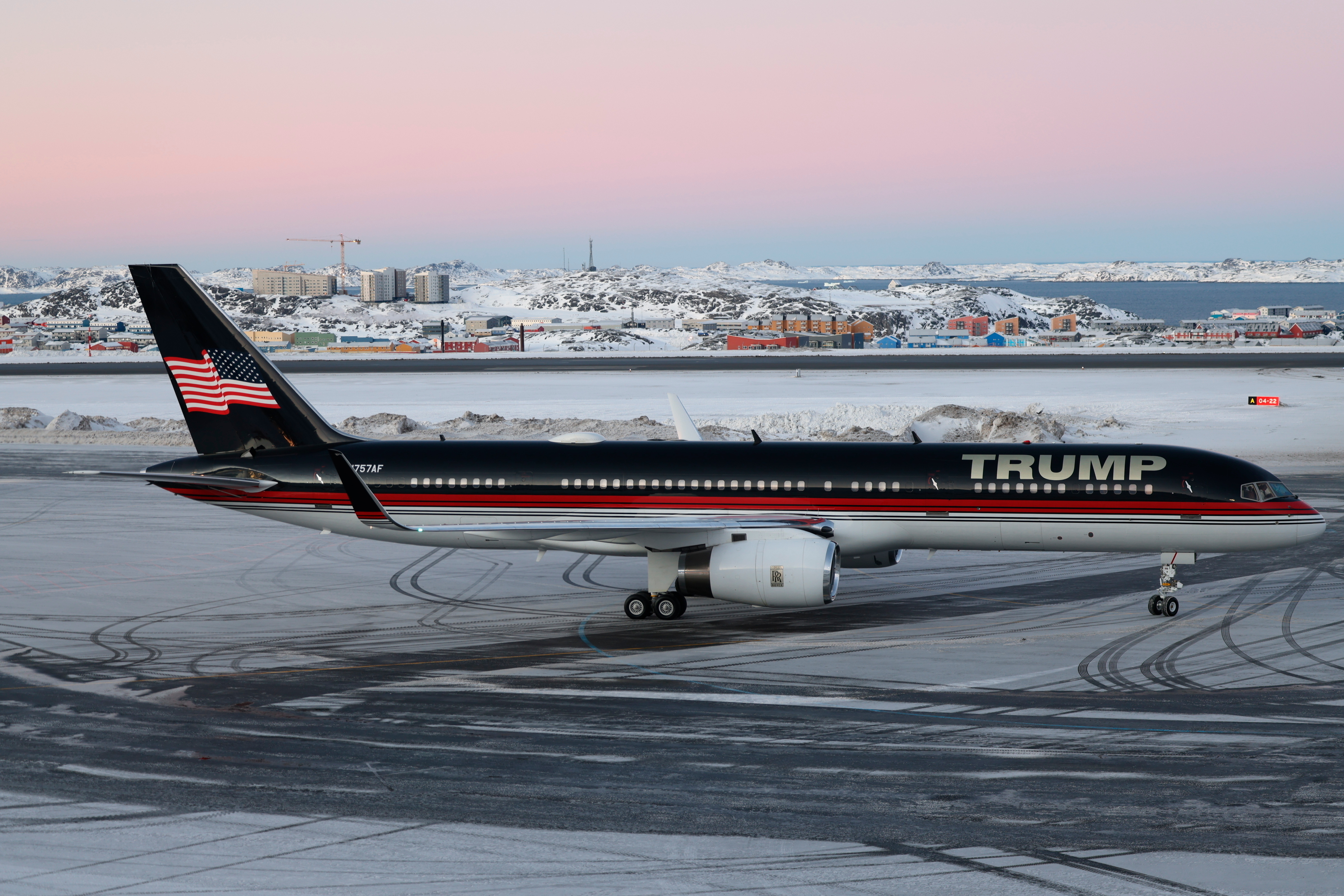 A plane carrying Donald Trump Jr. lands in Nuuk, Greenland, Jan. 7, 2025. (Emil Stach/Ritzau Scanpix via AP)