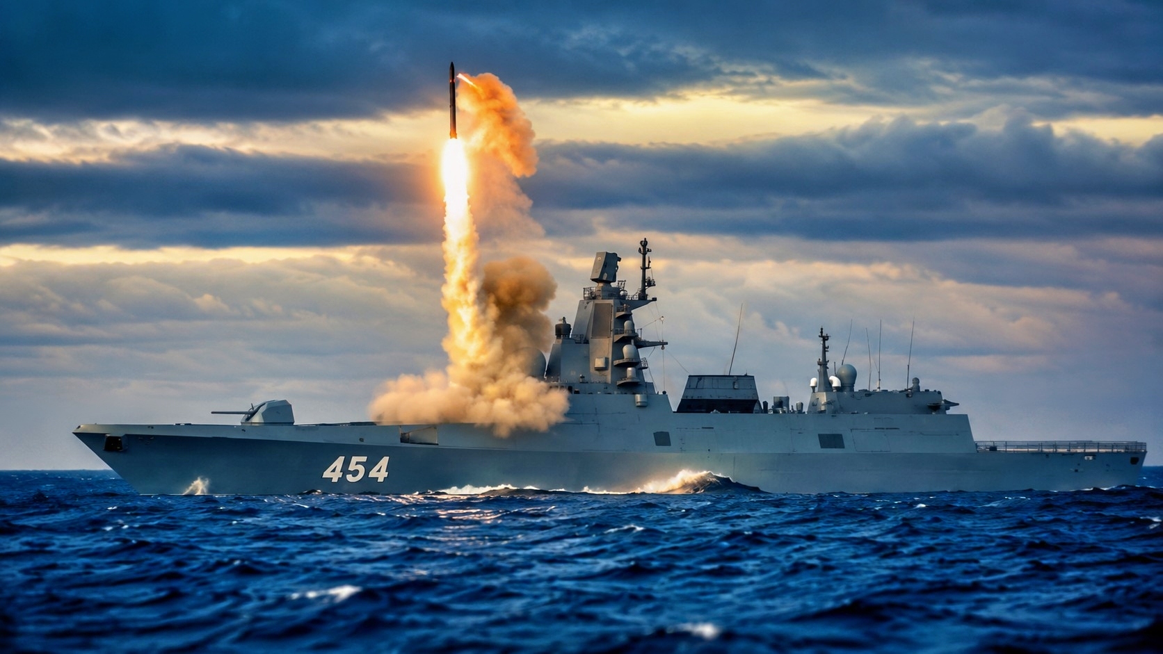 Russian Navy Admiral Gorshkov class frigate launching missile during naval exercise