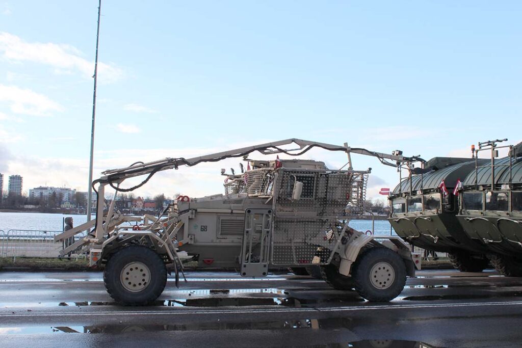 The Husky mine detection vehicle at the 18 November 2025 military parade in Riga. [Alexey Tarasov]