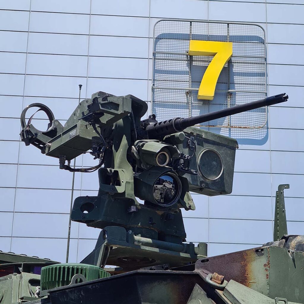 The Protector RS4 on the M1126 infantry carrier vehicle, with the former designated by the US Army as the Common Remotely Operated Weapons Station – Javelin (CROWS-J). It can be equipped with either an M2 machine gun or the Mk 19 automatic grenade launcher (AGL), as well as a single Javelin anti-tank guided missile (ATGM). [Chris Mulvihill]