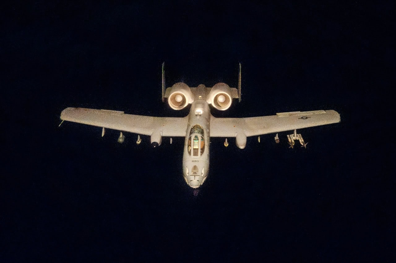 A U.S. Air Force A-10 Thunderbolt II flies a routine mission over the U.S. Central Command area of responsibility Dec. 23, 2024. A-10 Thunderbolt II pilots train and operate under night vision, allowing them to conduct presence patrols critical to regional security at any time and under any conditions. (U.S. Air Force photo)