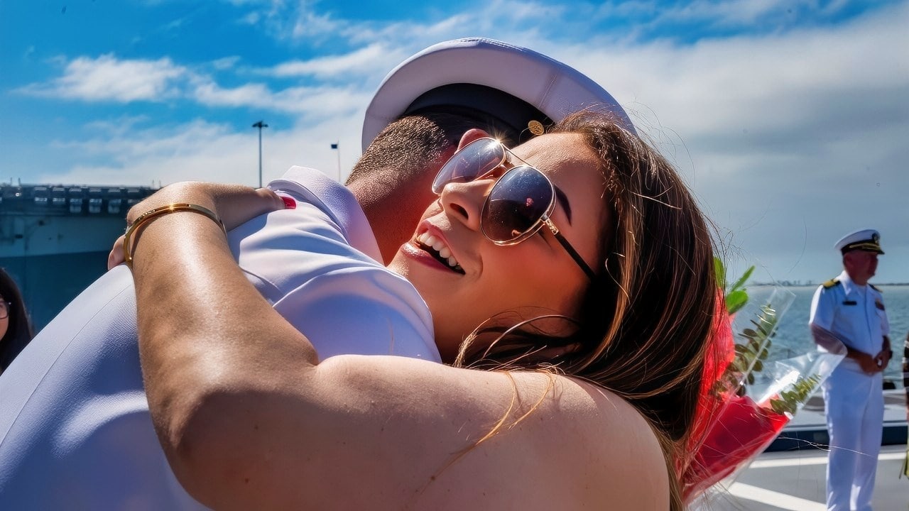 A Sailor assigned to the Zumwalt-class guided missile destroyer USS Michael Monsoor (DDG 1001) reunites with a family member following routine operations in the U.S. 3rd, and 7th Fleet areas of operations to maintain a free and open Indo-Pacific, Oct. 3. An integral part of the U.S. Pacific Fleet, U.S. 3rd Fleet leads naval forces in the Indo-Pacific and provides the realistic, relevant training necessary to execute the U.S. Navy's role across the full spectrum of military operations. U.S. 3rd Fleet works together with allies and partners to advance freedom of navigation and overflight, the rule of law and other principles that underpin security for the Indo-Pacific region. (U.S. Navy photo by Mass Communication Specialist 2nd Class Lordin Kelly)