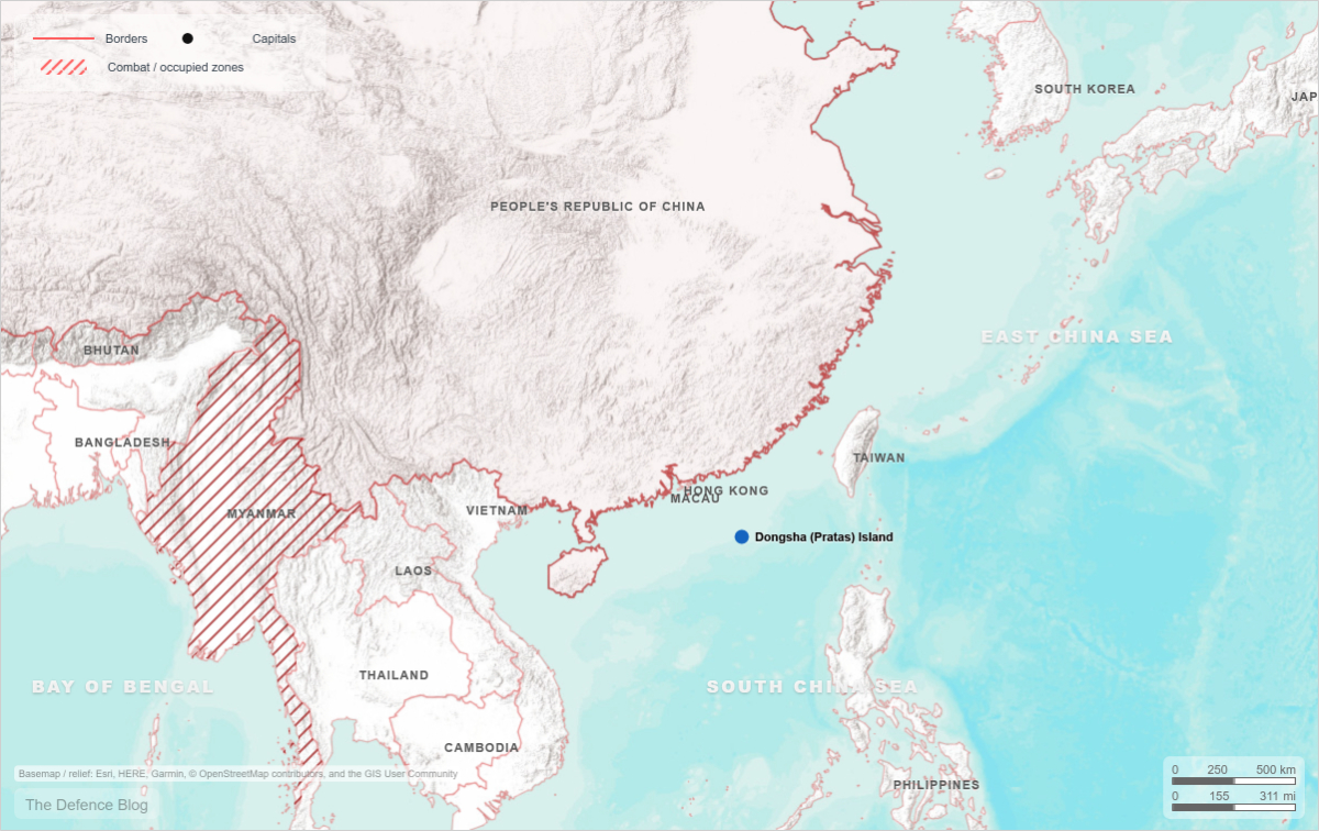 台湾控制的东沙（普拉塔斯）岛在南海的位置，台湾海巡署用水炮驱逐了一艘中国渔船。地图：国防博客
