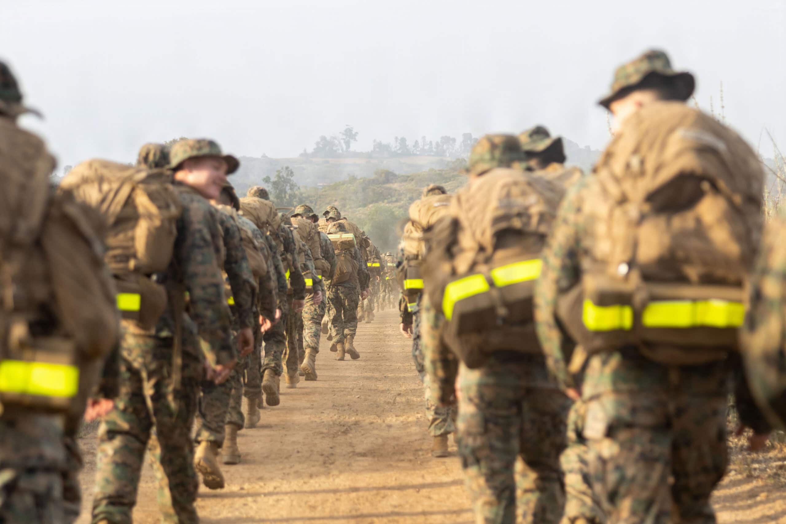 U.S. Marines and Sailors with Combat Logistics Regiment 1, 1st Marine Logistics Group, participate in a regimental sustainment hike on Marine Corps Base Camp Pendleton, California, April 9, 2025. The sustainment hike enhanced physical readiness and ensures Marines maintain combat readiness to remain ready to support future operations and deploy at a moment’s notice. (U.S Marine Corps photo by Sgt. Calah Thompson)