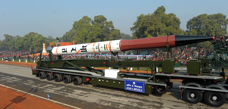 Agni-IV ballistic missile on parade transporter with Indian tricolor markings
