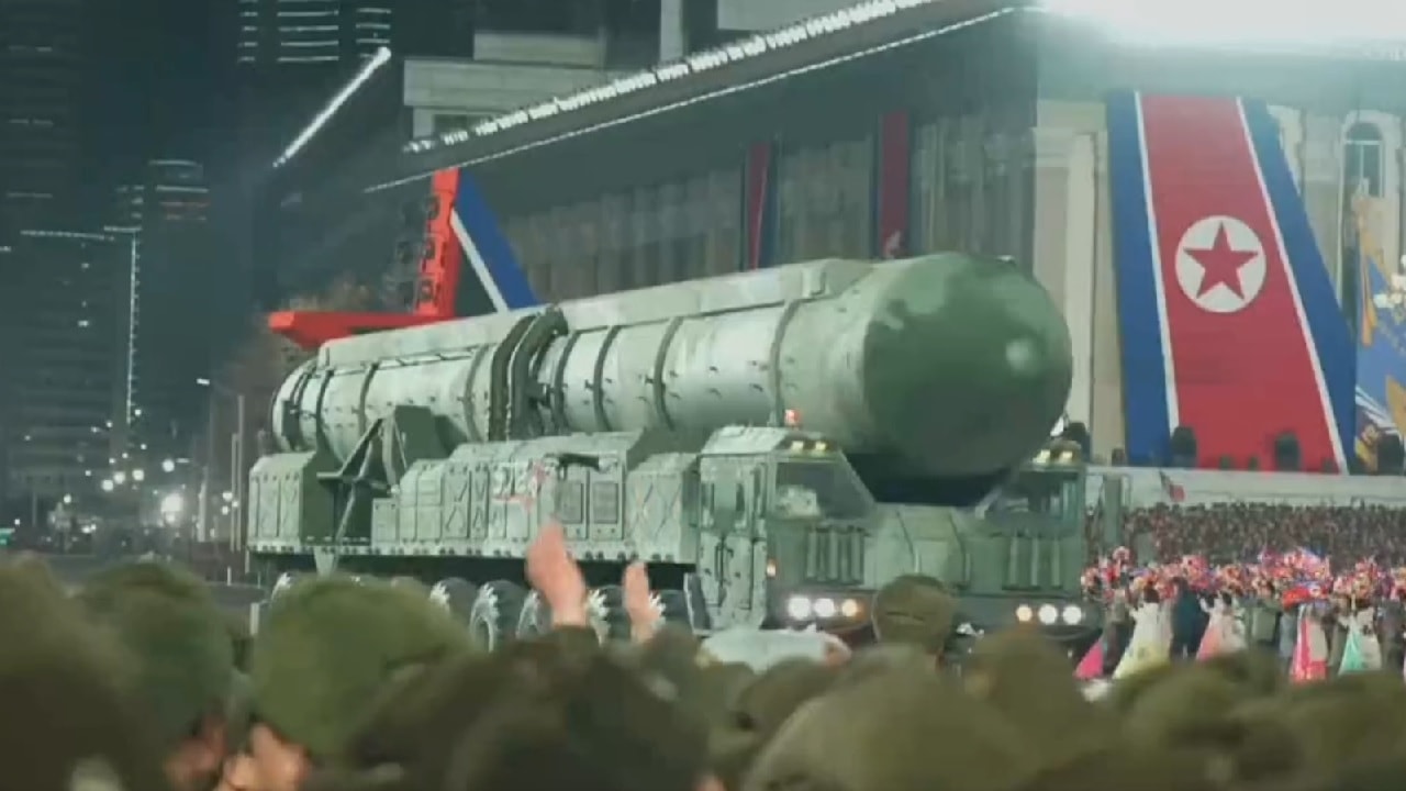 North Korea ICBM missile on transporter erector launcher during military parade