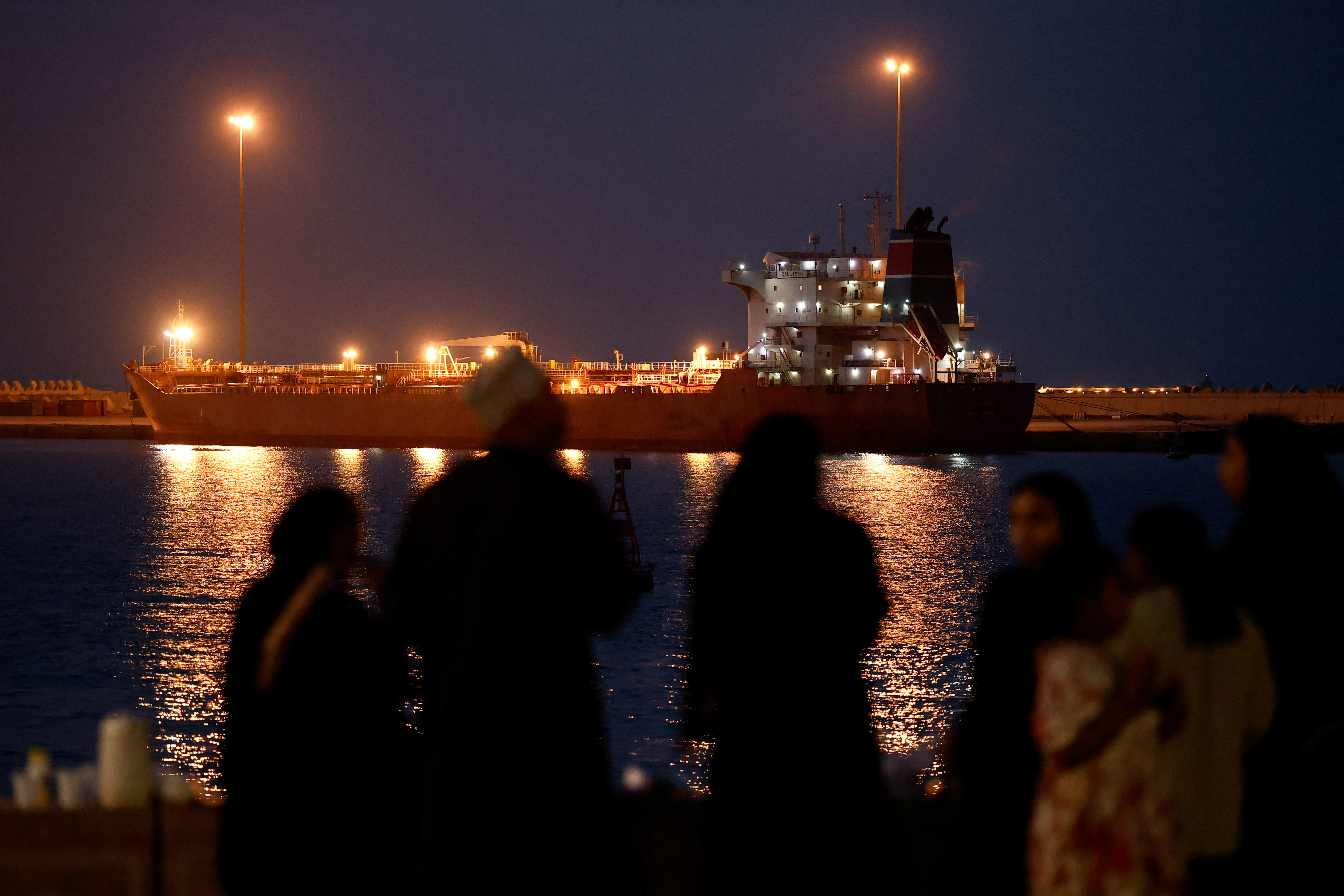 The Callisto tanker sits anchored in Port Sultan Qaboos in the Strait of Hormuz, Muscat, Oman, March 12, 2026. (Benoit Tessier/Reuters)