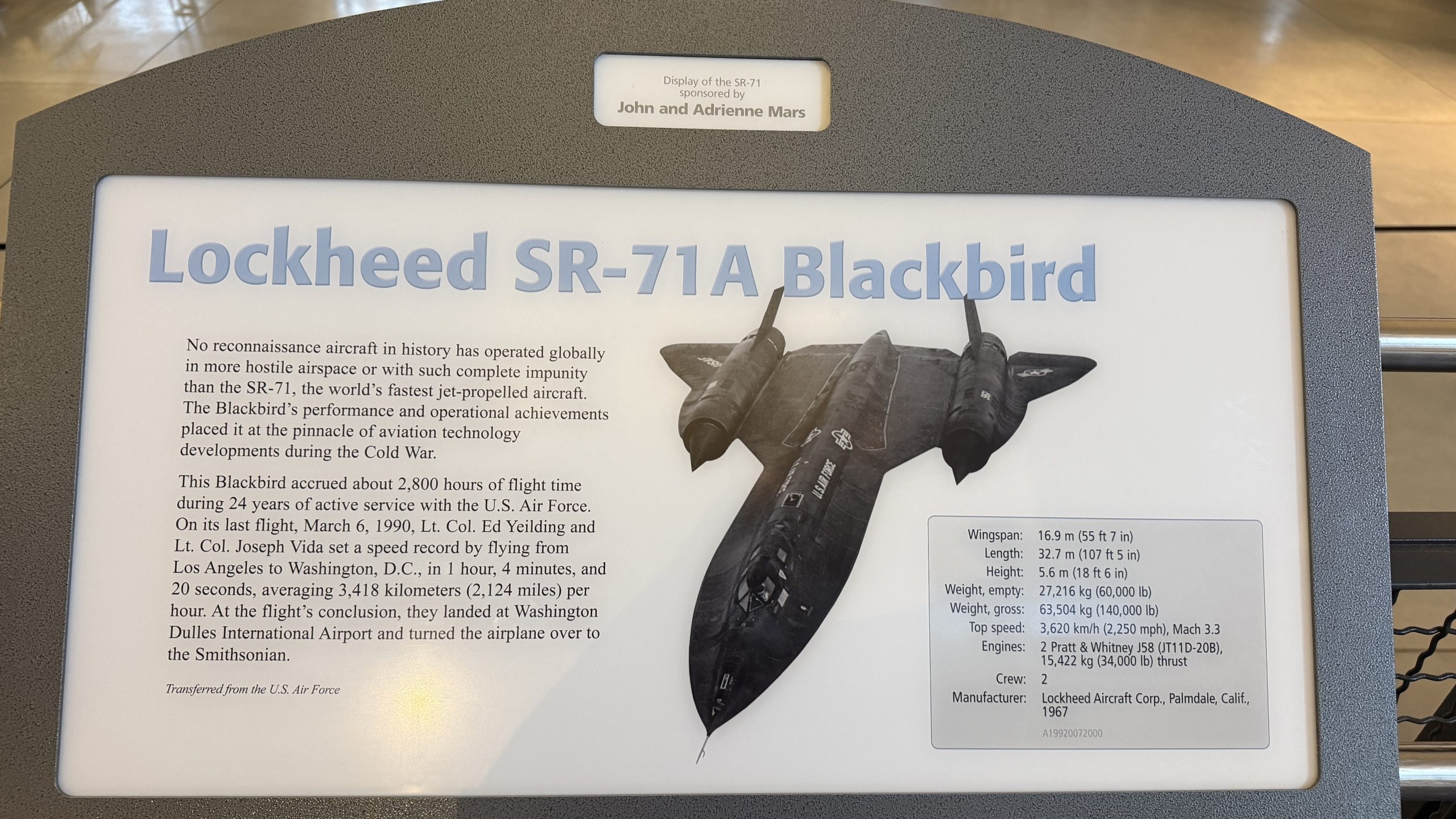 SR-71 Blackbird. Smithsonian Display Photo Taken by 19FortyFive on 9/30/2026.