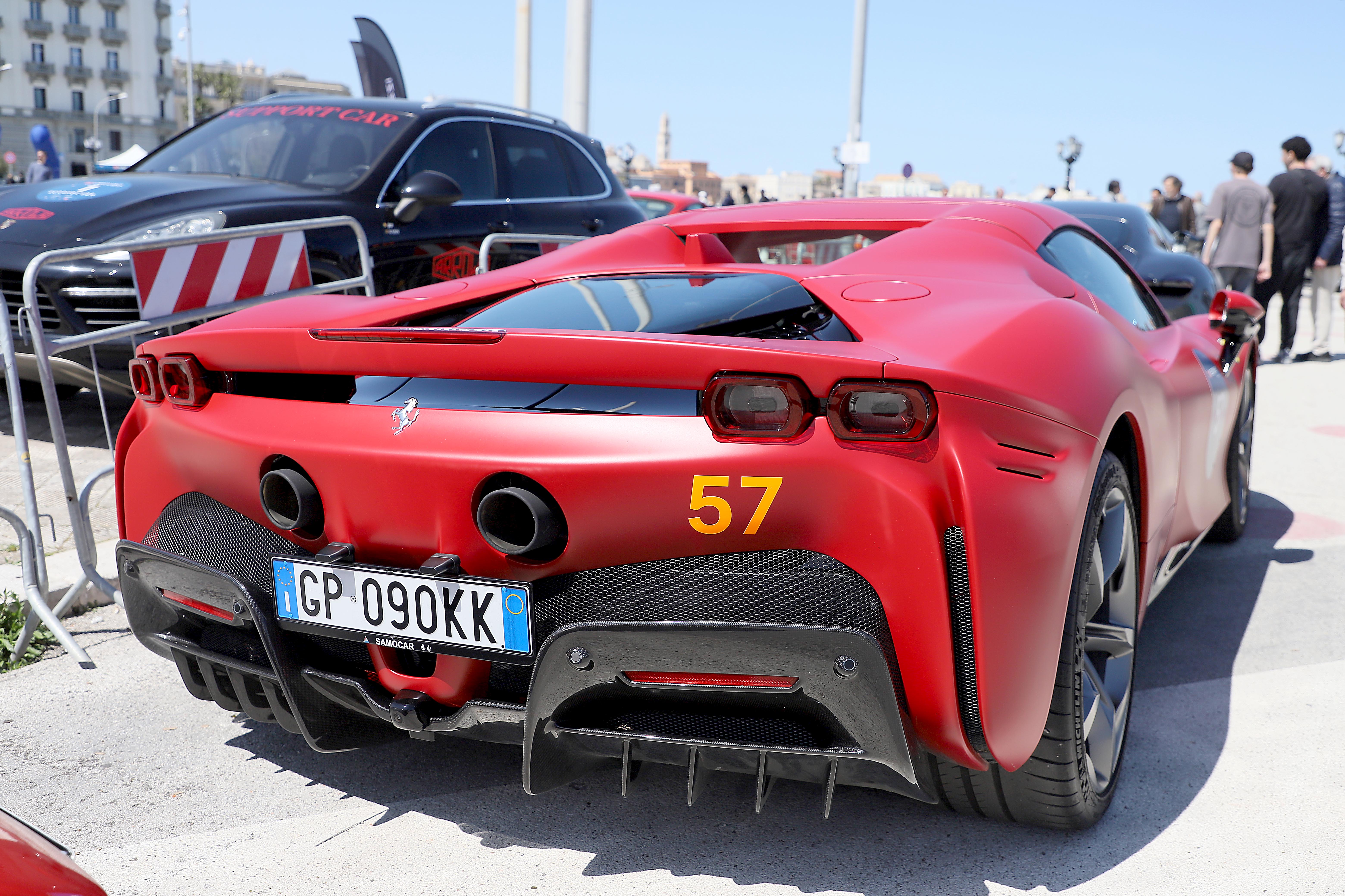 A Ferrari SF90 Stradale is on display in Bari, Italy, on April 9, 2026. (Donato Fasano/Getty Images)