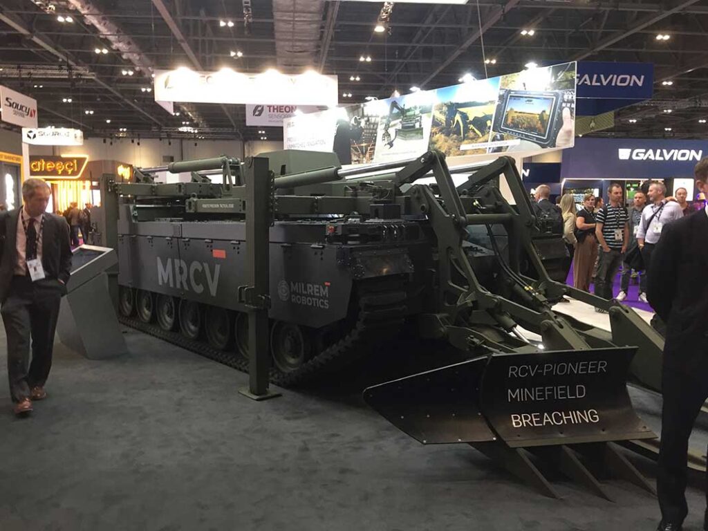 Engineer assets, essential in combined arms efforts to breach defensive lines, are crucial in new tactical approaches to breaching operations. The latest solutions include such platforms as the unmanned RCV-Pioneer mine-breaching vehicle from Milrem Robotics, seen here at DSEI 2025. [Tim Guest]
