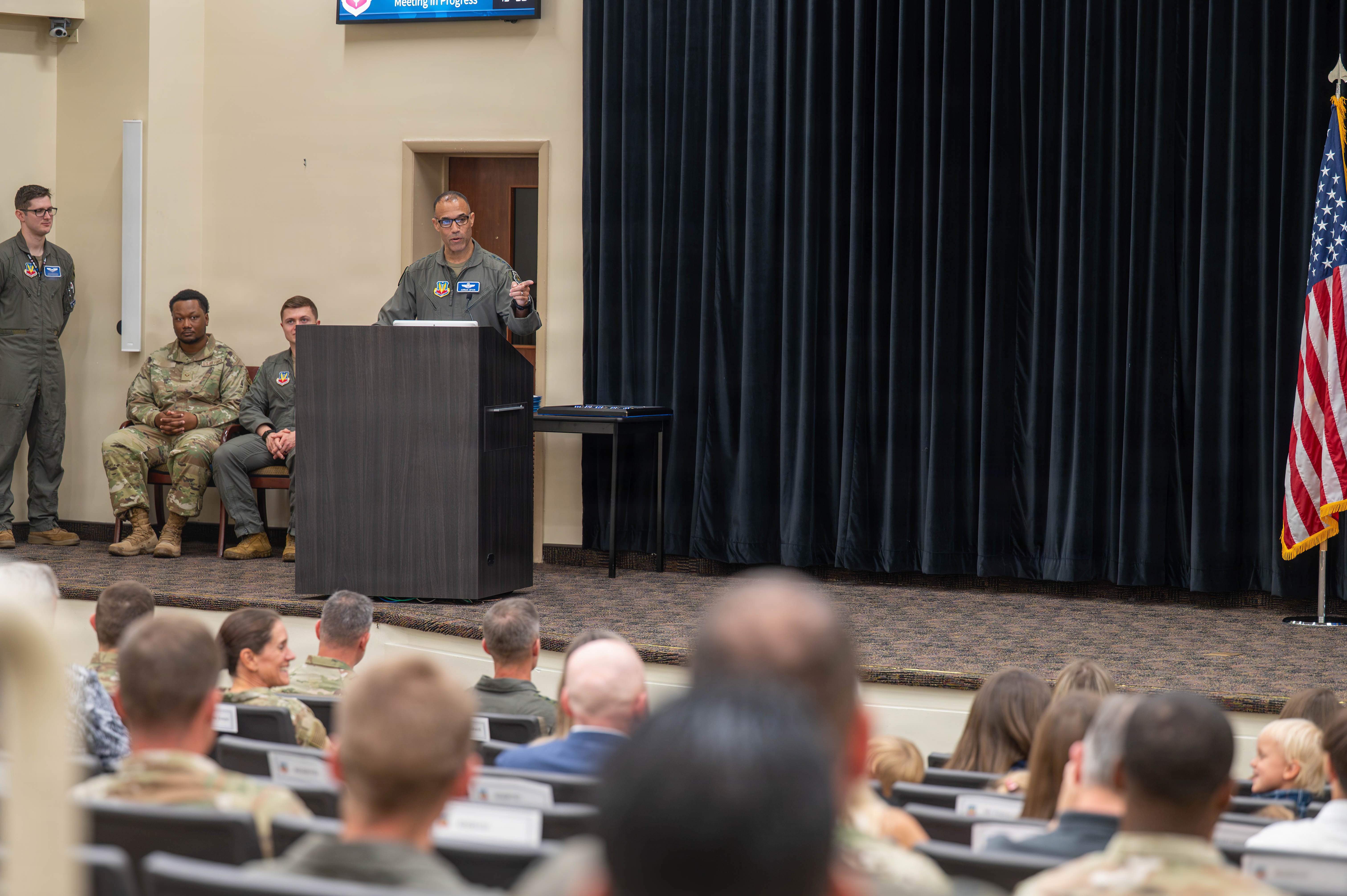 LANGLEY AIR FORCE BASE, Va -- U.S. Air Force Gen. Adrian Spain, commander of Air Combat Command, provides remarks during a Distinguished Flying Cross presentation at Quesada Hall, Langley Air Force Base, Virginia Aug. 31, 2026. Spain highlighted the efforts displayed by the six award recipients during Operation MIDNIGHT HAMMER. (U.S. )