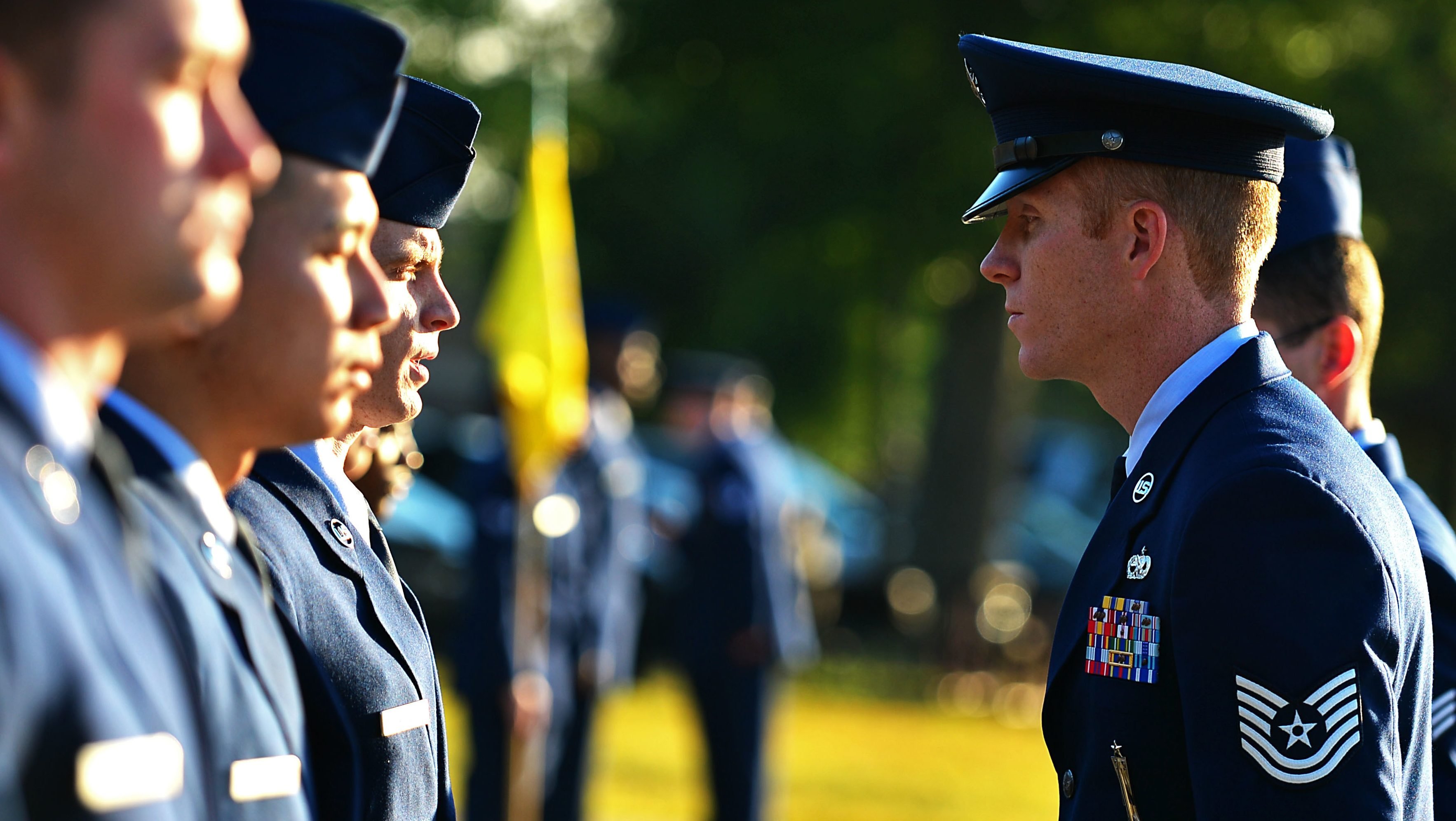U.S. Air Force Tech. Sgt. Jesse Santini, Senior Master Sgt. David B. Reid Airman Leadership School (ALS) instructor, points out a discrepancy on an Airman’s uniform during a uniform inspection at Shaw Air Force Base, S.C., April 27, 2017. Throughout ALS, Airmen are taught supervisory communication skills and expeditionary Airmen tactics. (U.S. Air Force photo by Airman 1st Class Christopher Maldonado)