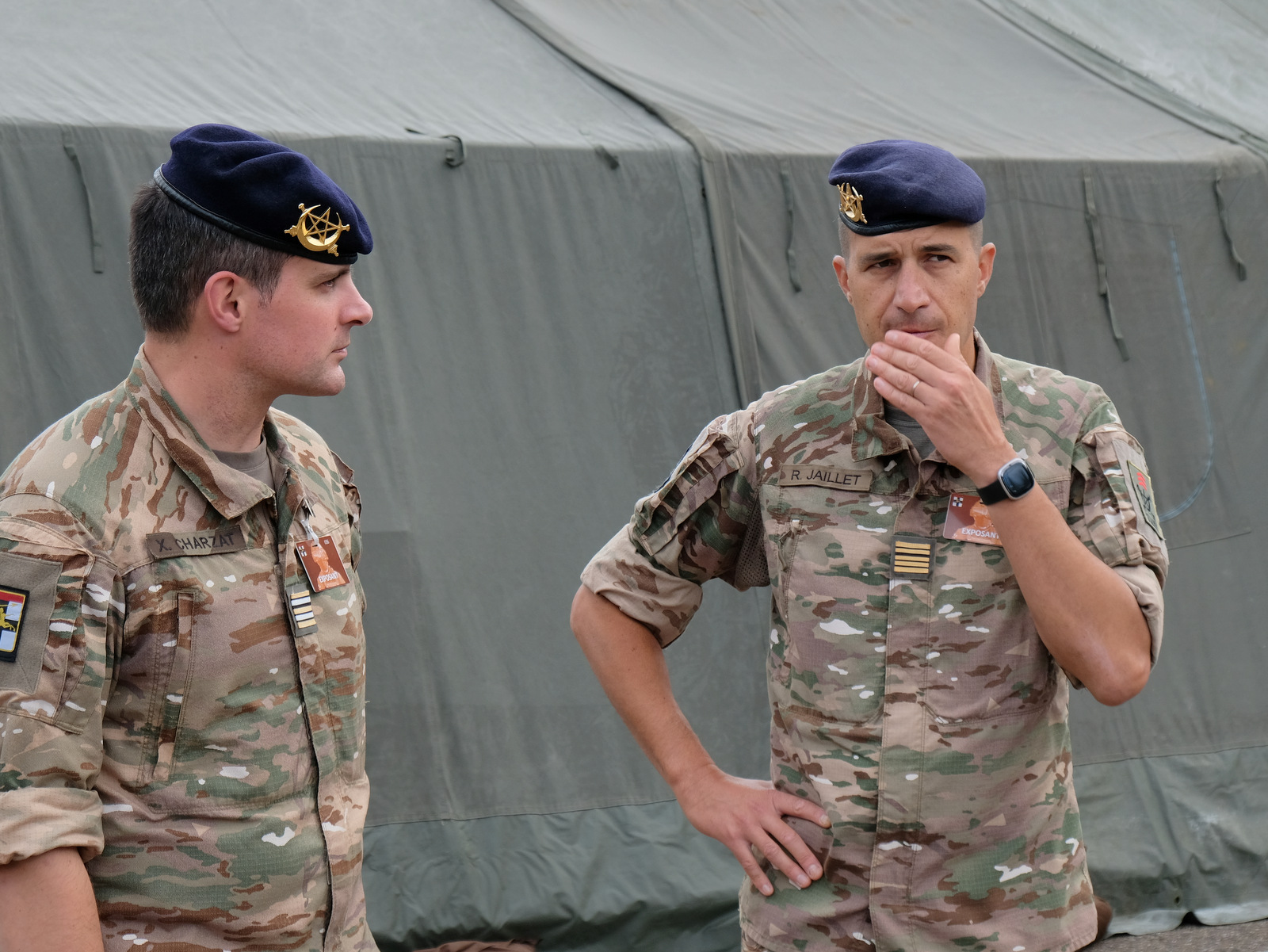 Col. Rémy Jaillet (r), commander of the French Army’s 68th African Artillery Regiment, speaks to a fellow officer during the innovation day of the 7th Armored Brigade in Besançon, France, on Sept. 9, 2026. (Rudy Ruitenberg/staff)