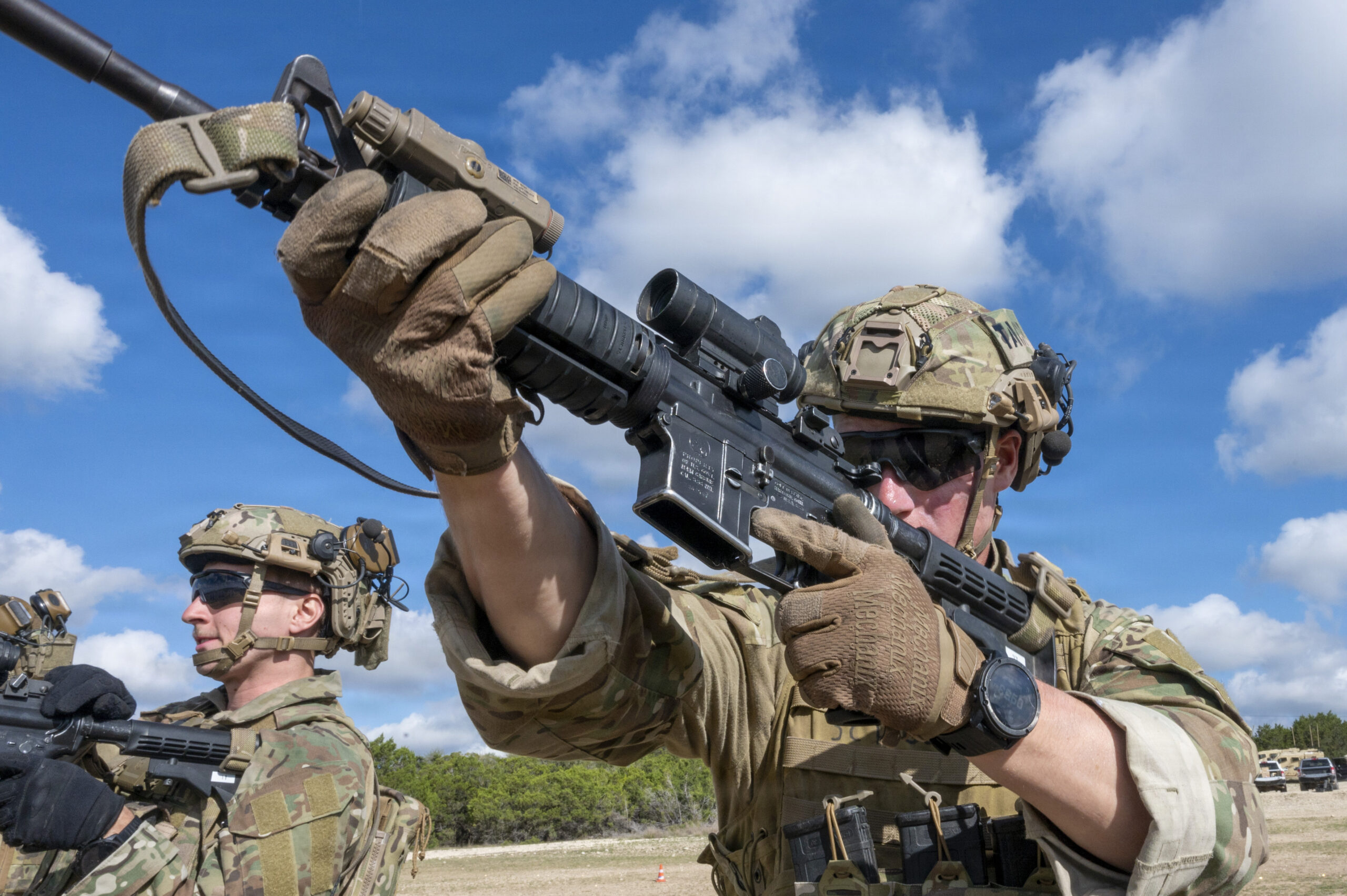 A U.S. Air Force Tactical Air Control Party (TACP) Airman with Detachment 2, 6th Combat Training Squadron, practice safety measures for the M4 during small arms training at Joint San Antonio–Camp Bullis, Texas, April 8, 2026. TACP small arms training is a critical component of the 12-week course, focusing on weapon proficiency in close-quarters battle, shoot-house exercises, and combat scenarios. Training emphasizes weapon retention, transition, and marksmanship under high-stress conditions to prepare for integrating air power with ground maneuver units. (U.S. Air Force photo by Melissa Hydrick)

