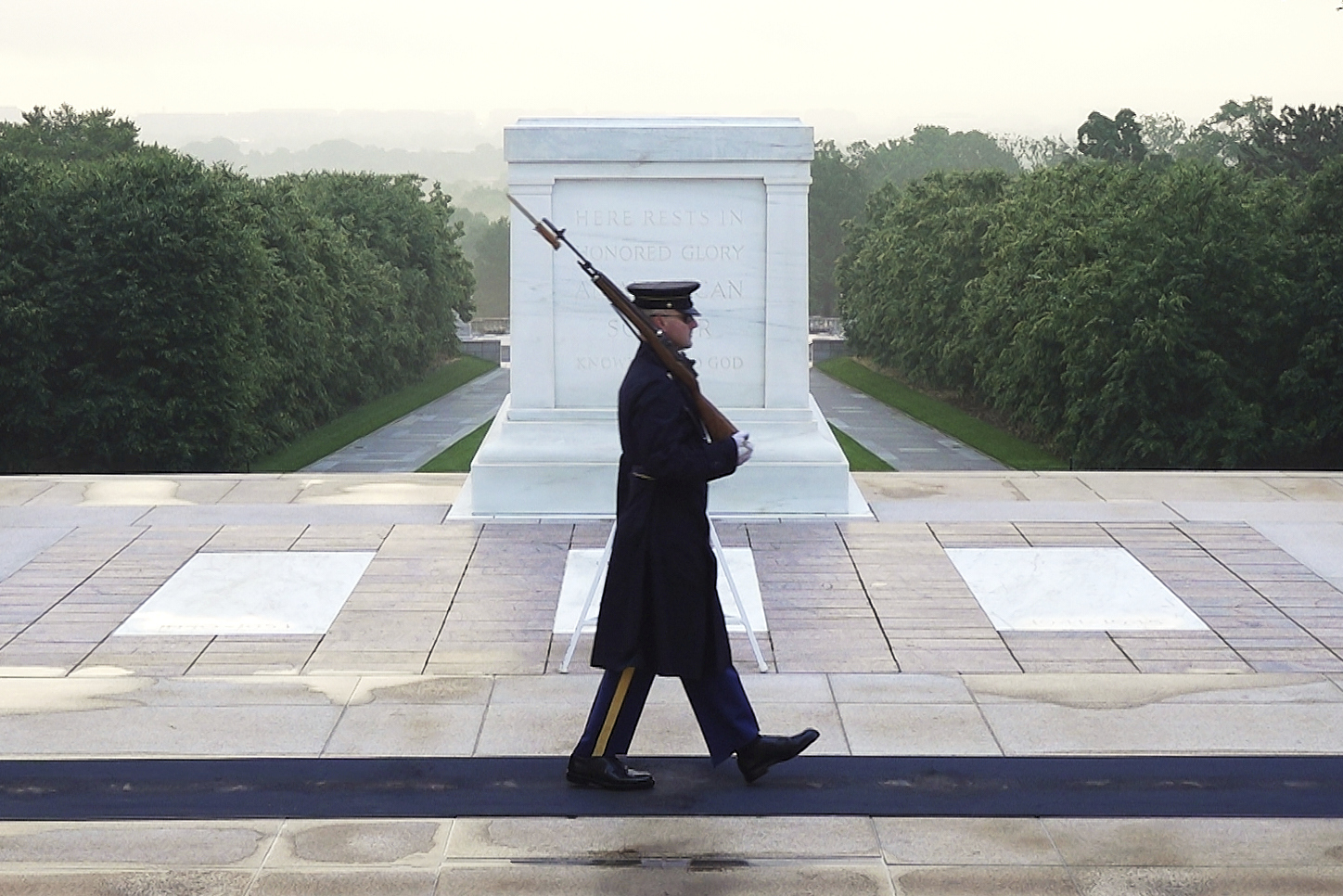 Army Sgt. 1st Class Andrew Jay patrols the Tomb of the Unknown Soldier, May 15, 2025, at Arlington National Cemetery, Virginia. (Mike Pesoli/AP)