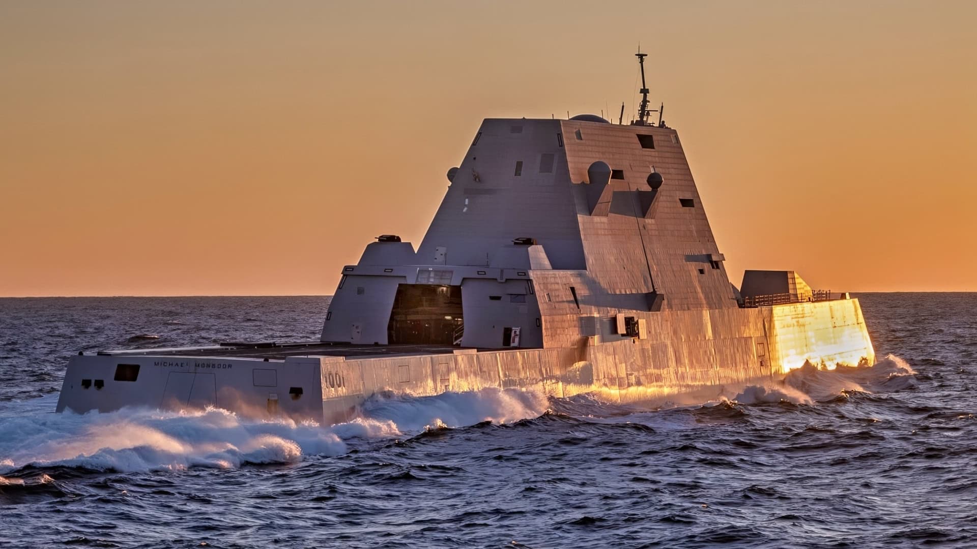 PACIFIC OCEAN (February 10, 2024) — The Zumwalt Class Guided Missile Destroyer USS Michael Monsoor (DDG 1001) breaks away from the Henry J. Kaiser-class fleet replenishment oiler USNS Pecos (T-AO 197) shortly before sunset after taking on fuel. (U.S. Navy photo by Chief Mass Communication Specialist Mark D. Faram)