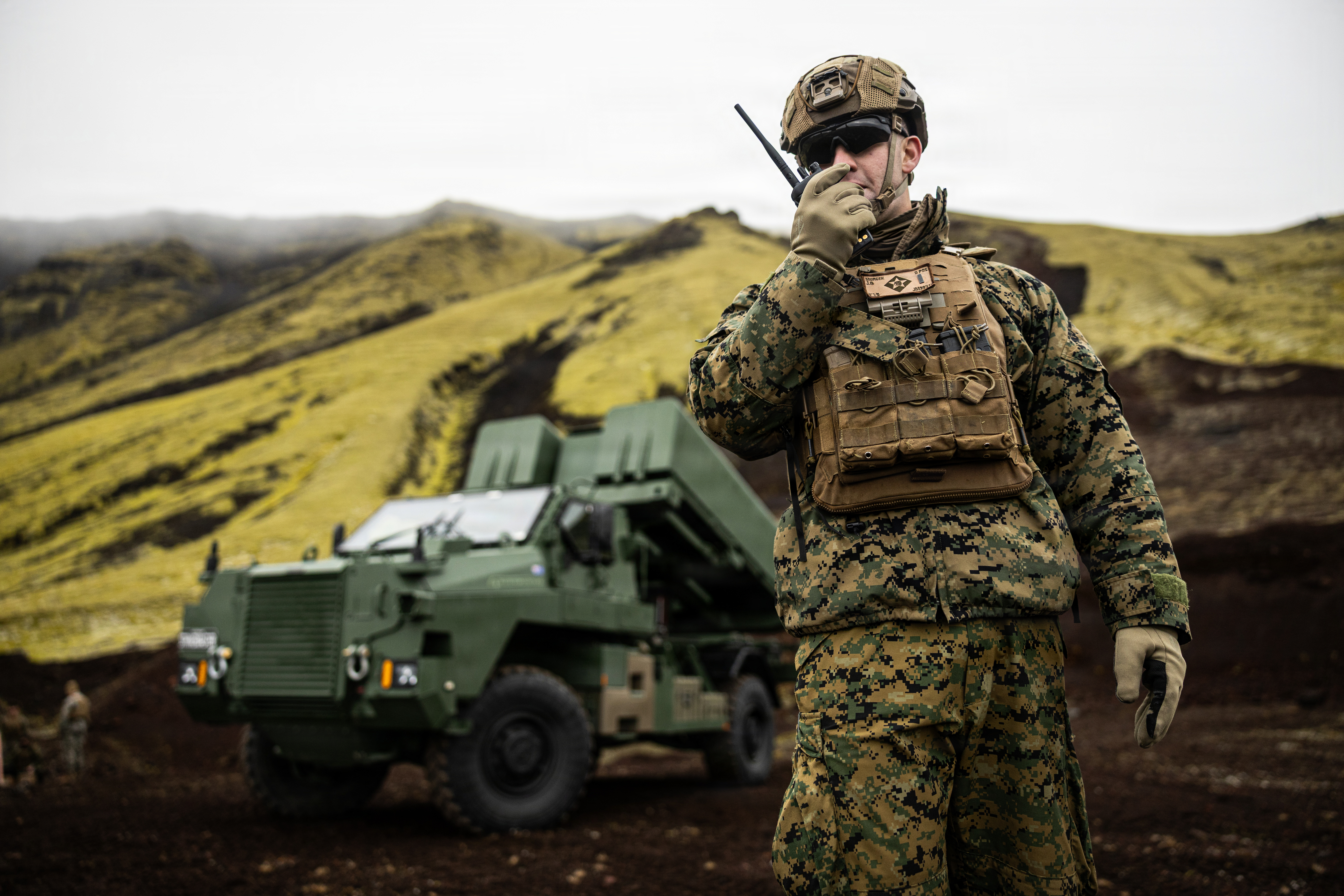 U.S. Marine Corps 1st Lt. Joel Murcek tests communications with a Strikemaster missile system on Jan Mayen Island, Norway, on Aug. 31, 2026. (Sgt. Noah Masog/U.S. Marine Corps)