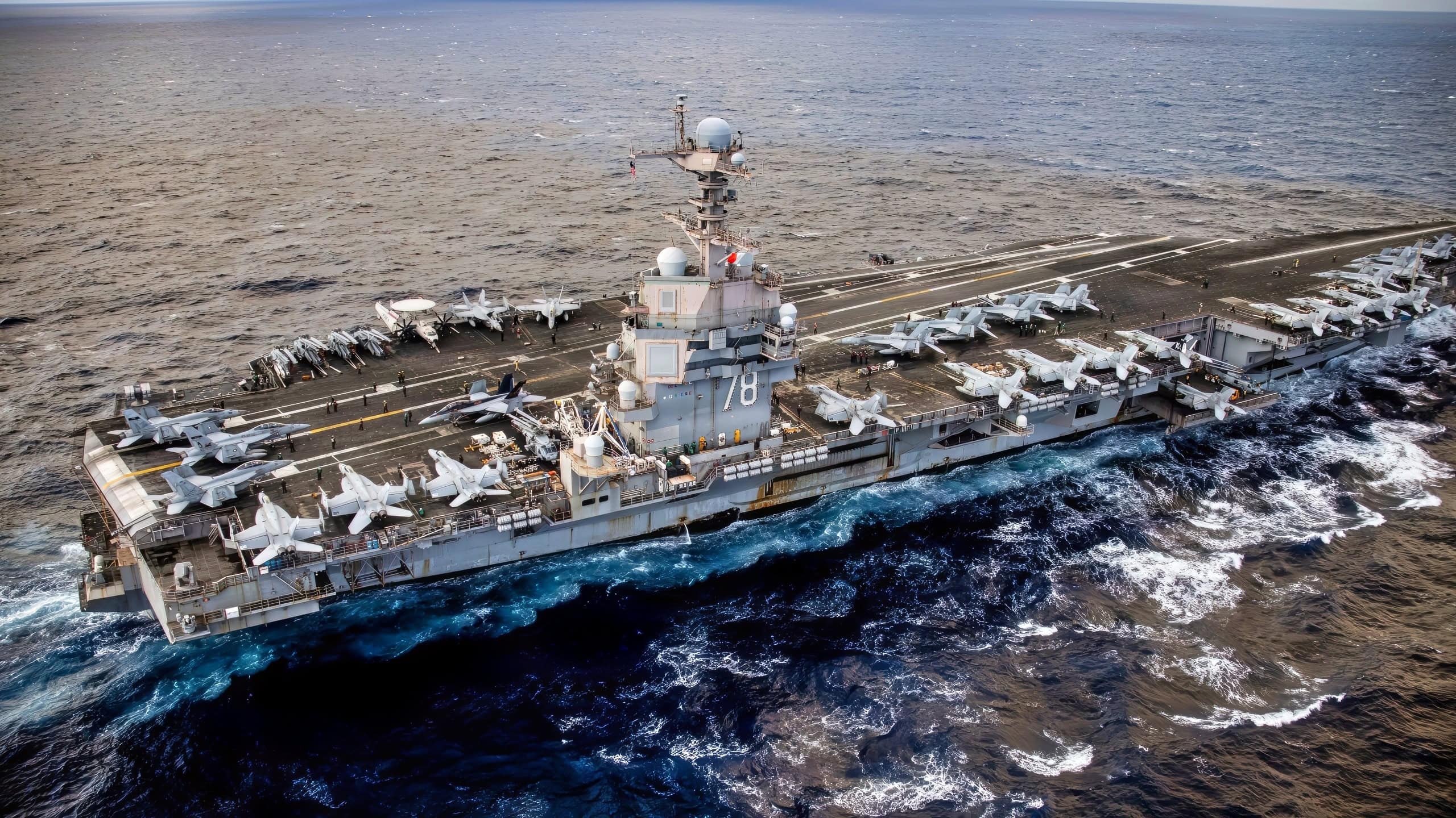 The world’s largest aircraft carrier, USS Gerald R. Ford (CVN 78), transits the Eastern Mediterranean Sea, March 22, 2026. Gerald R. Ford is on a scheduled deployment in the U.S. 6th Fleet area of operations to support the warfighting effectiveness, lethality and readiness of U.S. Naval Forces Europe Africa, and defend U.S., Allied and partner interests in the region. (U.S. Navy photo by Mass Communication Specialist 2nd Class Tajh Payne)