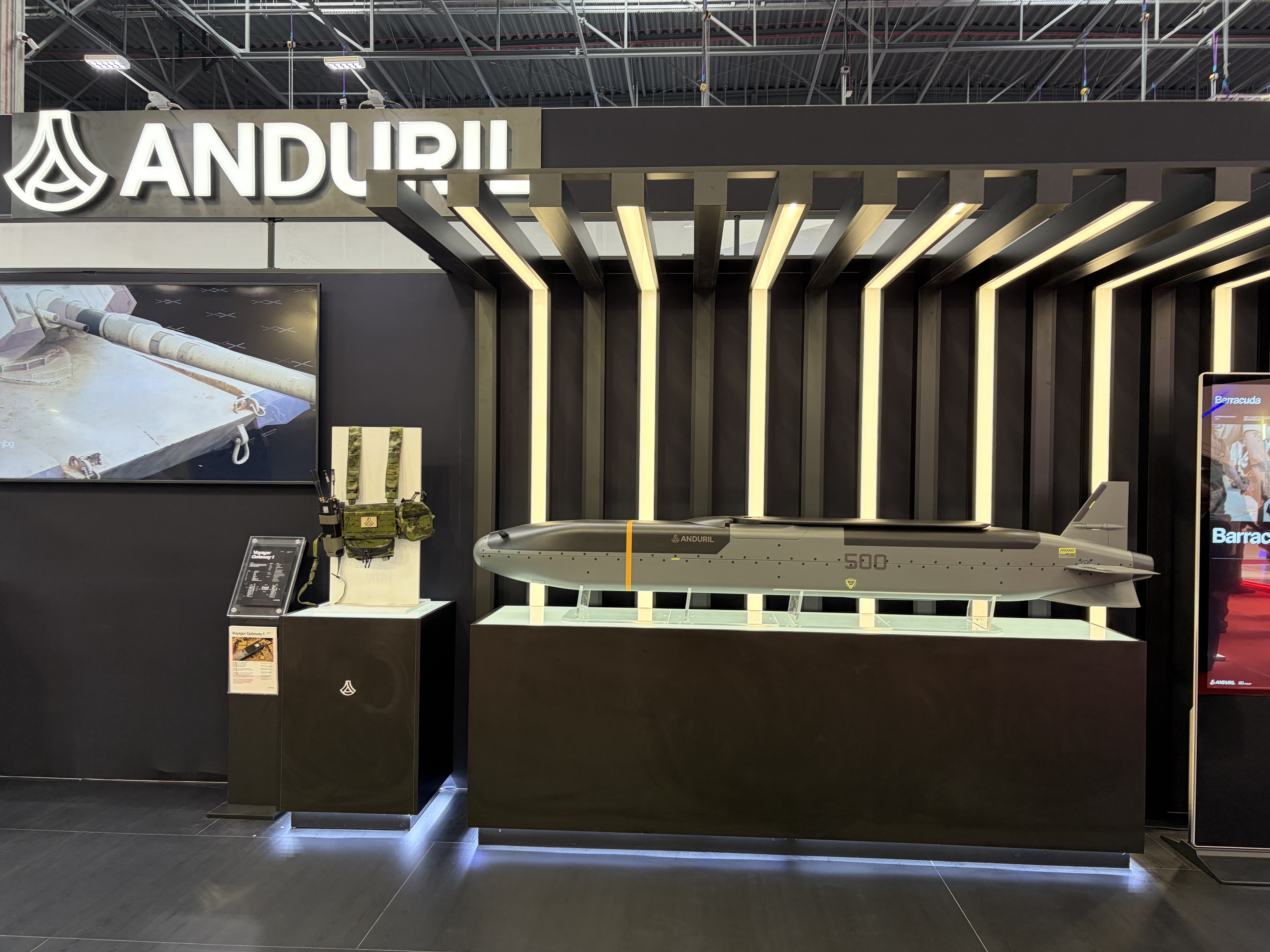 Anduril displayed a model of the Barracuda cruise missile, on which the company is partnered with PGZ, to the MSPO defense trade show in Kielce, Poland, on Sept. 9, 2026. (Jaroslaw Adamowski/staff)