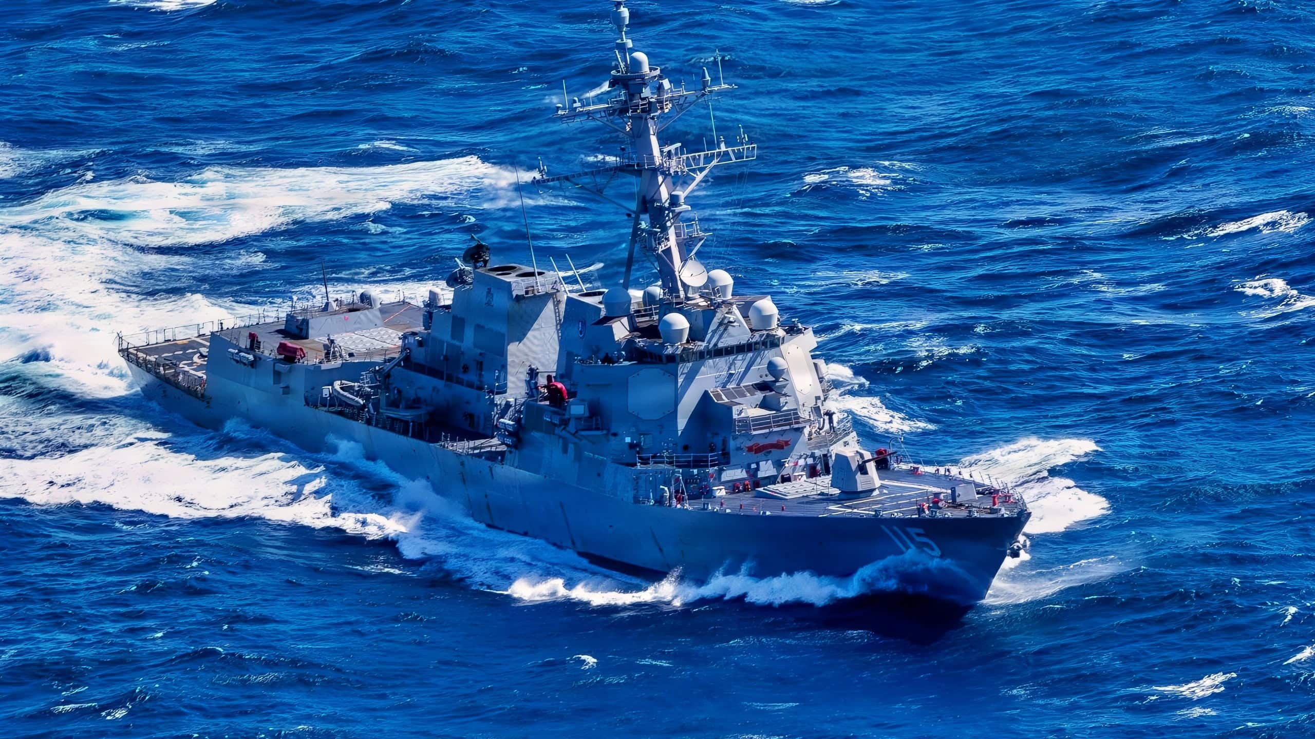 US Navy Arleigh Burke destroyer underway in rough seas Western Pacific Taiwan Strait patrol