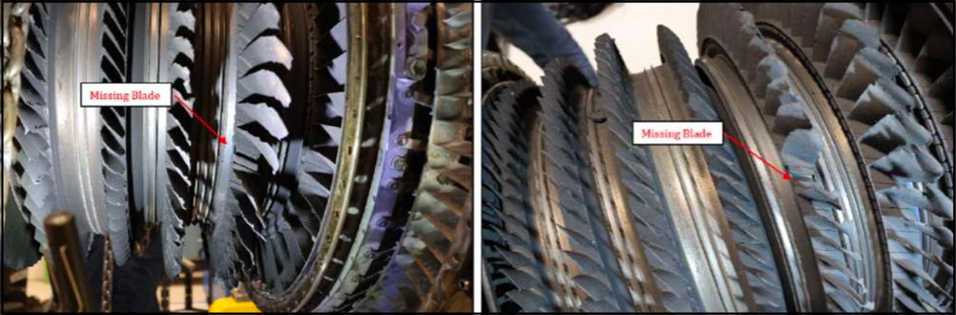 Missing fan blades from the 5th (left) and 6th (right) stages of the Thunderbird F-16's engine. Investigators determined the blades broke off during flight, causing damage in the engine that left the plane unflyable.