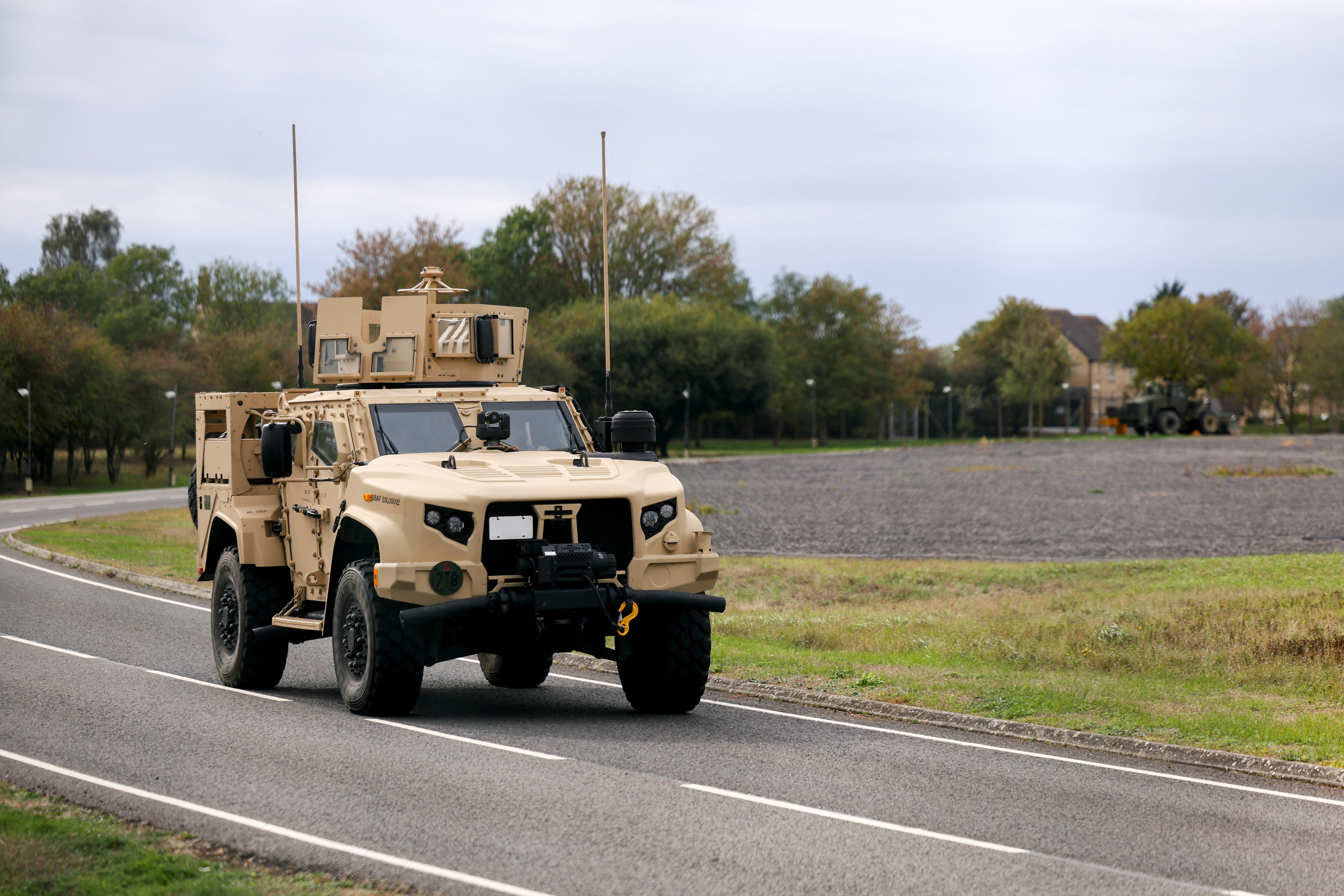 Light Tactical Vehicle drives at the perimeter of the RAF Fairford airbase, Sept. 27, 2026. (Toby Shepheard/Reuters)