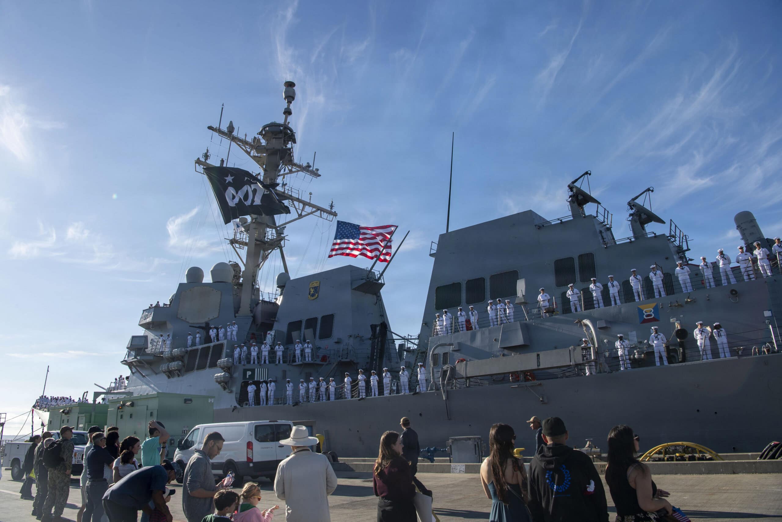 SAN DIEGO, Ca. (April 10, 2026) – Friends and family greet Arleigh Burke-class guided-missile destroyer USS Stockdale (DDG 106) from the pier, as the ship returns to its homeport of Naval Base San Diego following a seven-month underway to the U.S. 4th Fleet area of operations, April 10. Stockdale returns safely home having successfully carried out sustained operations at sea, maintaining peace through strength and sustaining credible deterrence alongside our allies and partners. (U.S. Navy Photo by Mass Communication Specialist 1st Class Sara Eshleman)