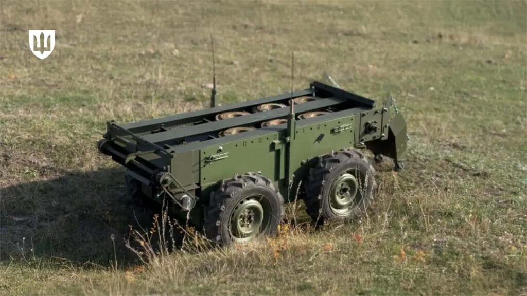 Ukraine’s Dodger multifunctional unmanned ground robotic system designed by Ukrainian industry, can be used for a wide range of logistical tasks, from evacuating wounded to laying mines. Payload is 250 kg. [Ukrainian MoD]