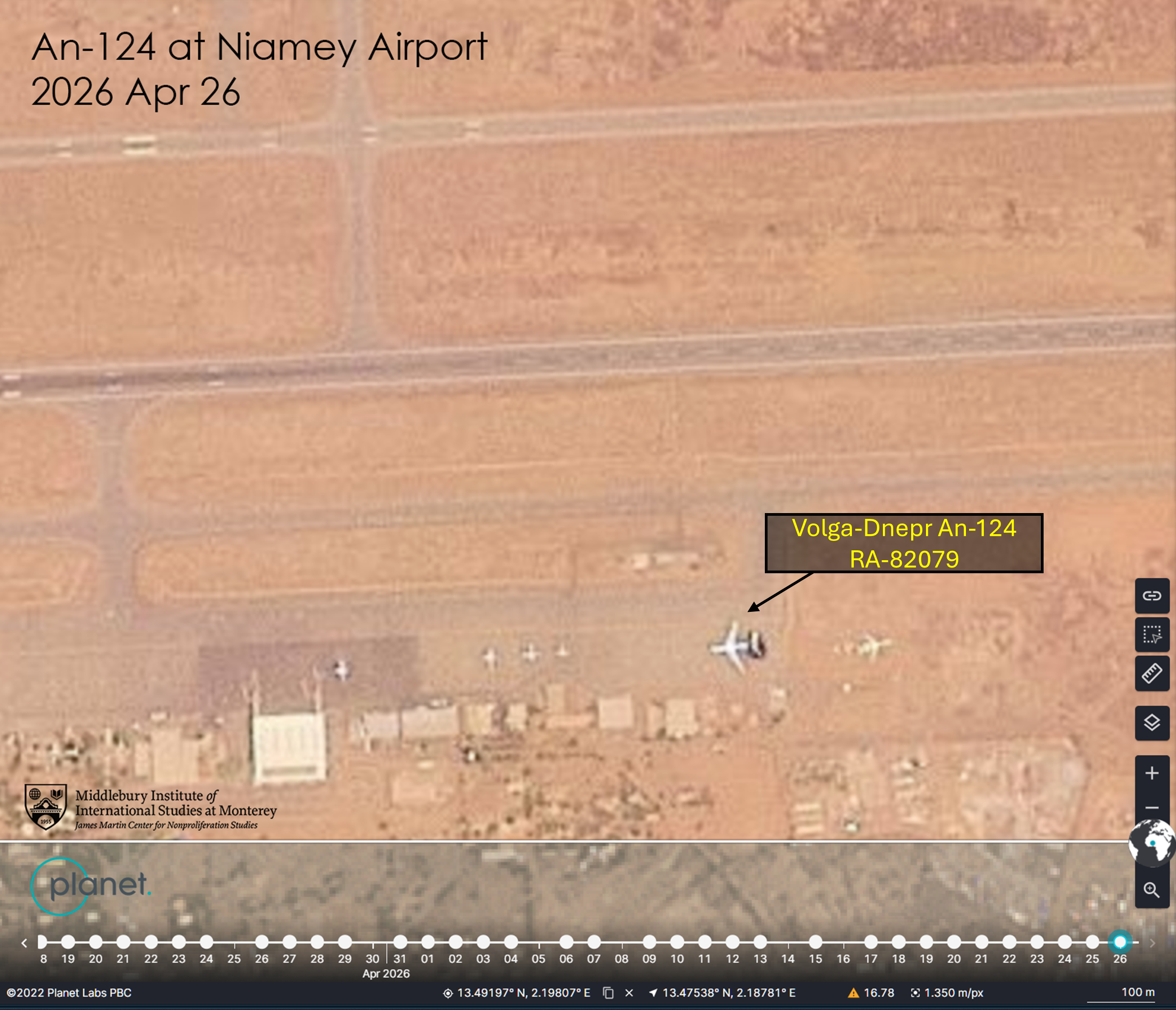 An Russian An-124 cargo aircraft sits at Niamey airport in Niger on April 26, 2026. (Planet Labs/provided by James Martin Center for Nonproliferation Studies. Annotations: Linus Höller/staff)