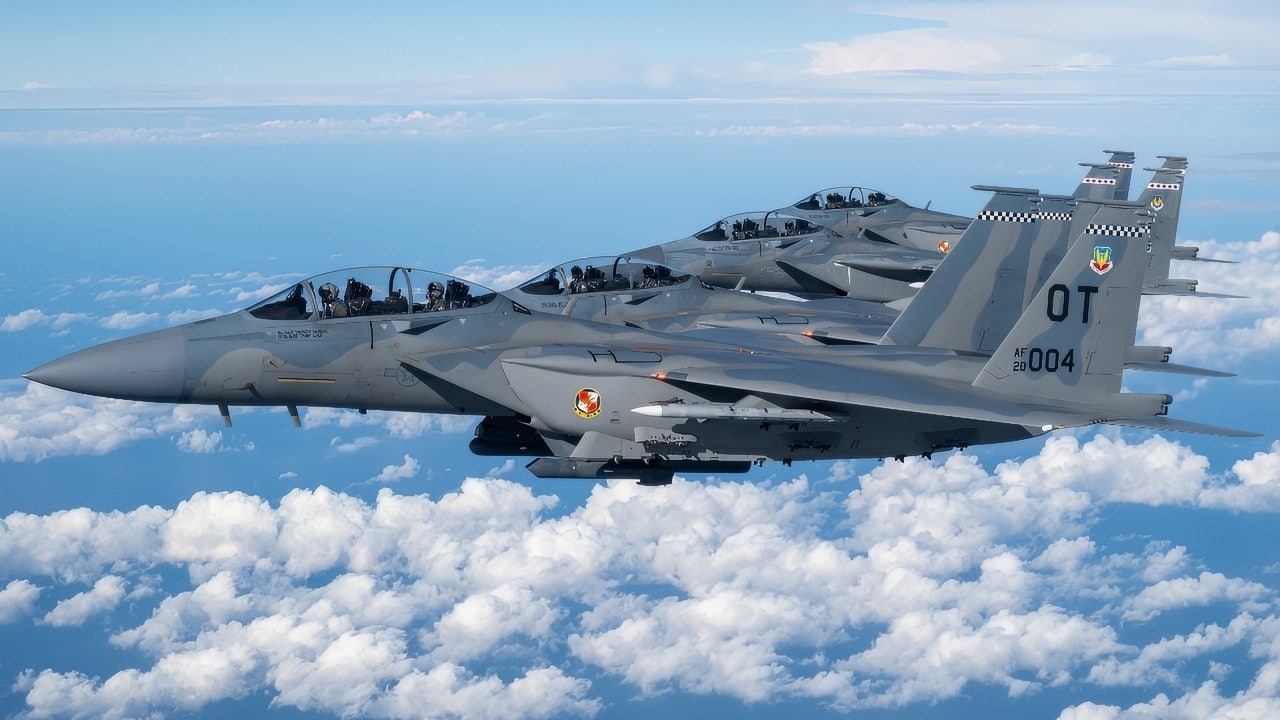 四架美国空军F-15EX鹰II战斗机编队飞越美洲湾，2025年11月21日。这些战斗机隶属于佛罗里达州的埃格林空军基地。空军部长特洛伊·梅因克在首架战斗机的后座飞行，作为他访问埃格林空军基地的一部分。这次飞行使梅因克了解了53联队正在开发和推进的F-15EX战术、技术和程序，包括武器能力、下一代生存能力以及下一代雷达、传感器和网络能力。(美国空军照片，摄影：布雷克·怀尔斯中士)