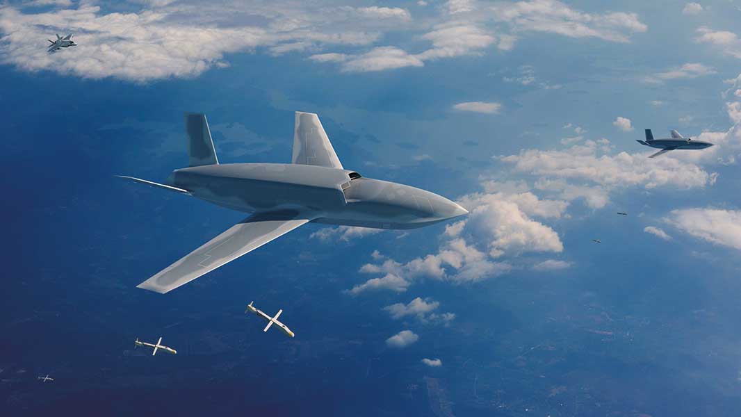 Designed for the global market, Gambit 6 works with crewed and uncrewed aircraft to secure the modern battlespace with precision air-to-ground strike capability. [Artist’s rendering / GA-ASI]