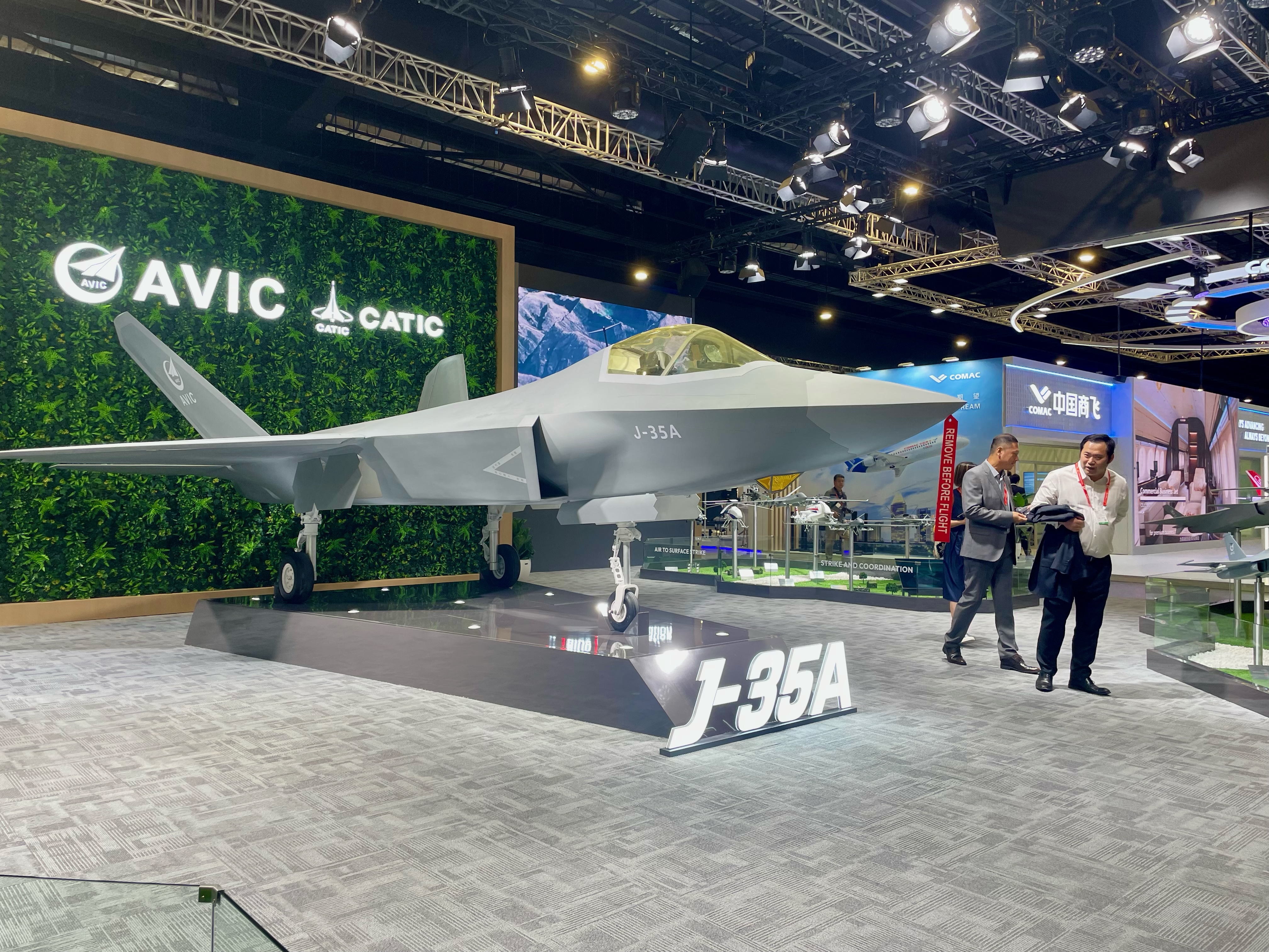 A model of China's J-35A fifth-generation fighter jet sits on the show floor at the Singapore Airshow in February 2026. (Elisabeth Gosselin-Malo/staff)