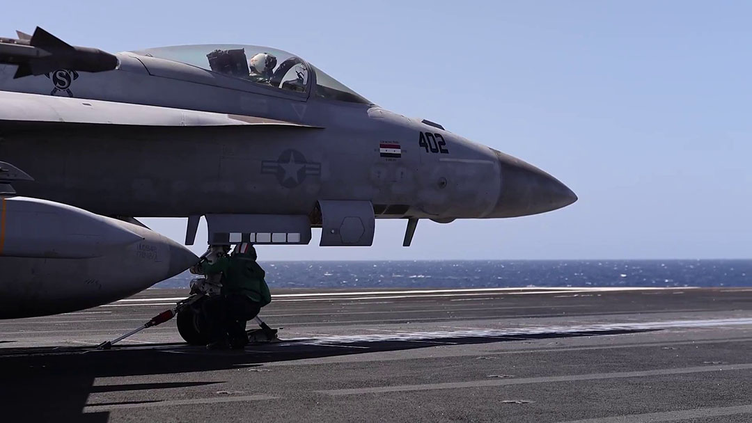 That F/A18E taking off from the USS Gerald R. Ford during Operation Epic Fury. Screenshot via CENTCOM on X. 